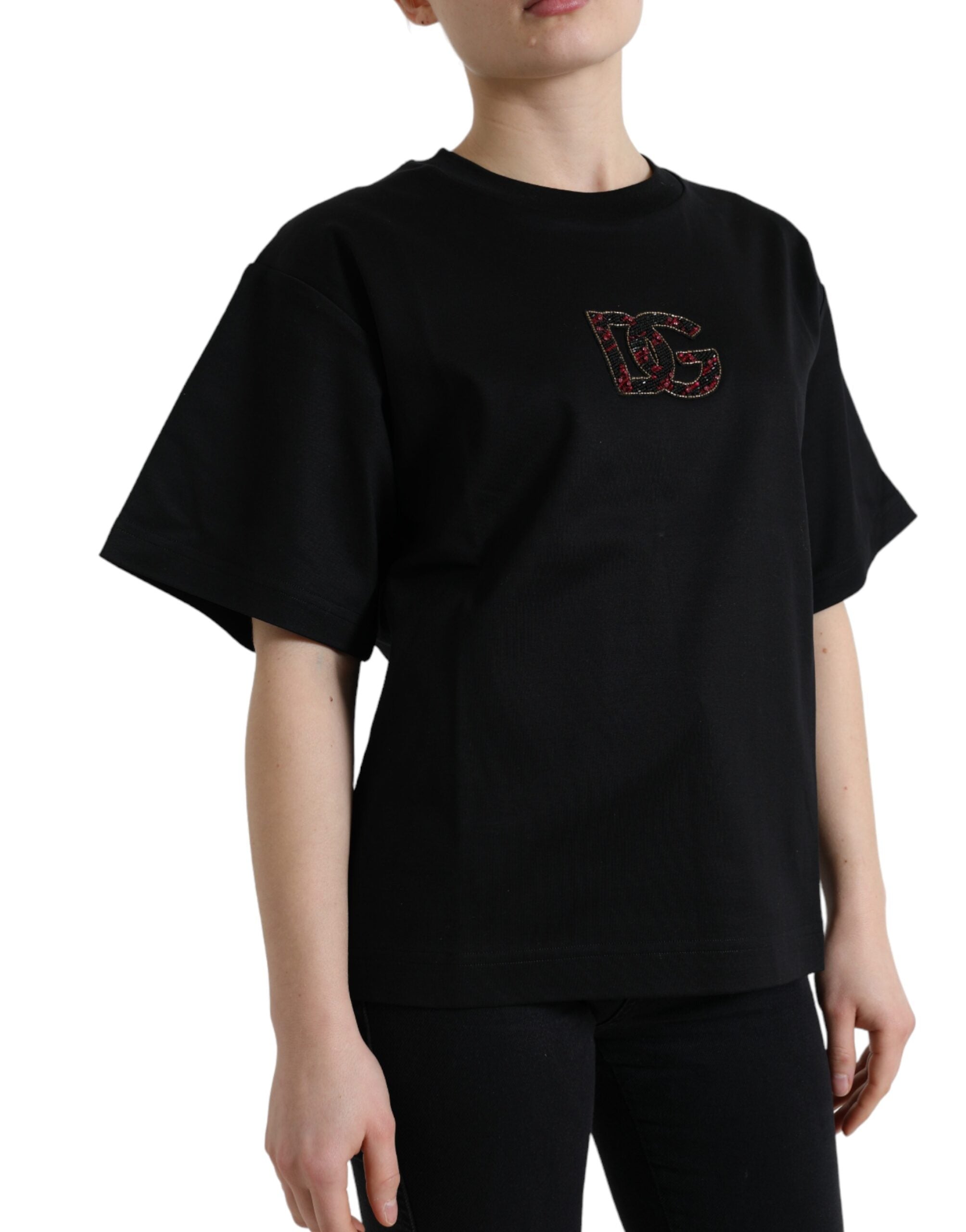 Dolce &amp; Gabbana Elegantes schwarzes T-Shirt mit Kristallverzierung