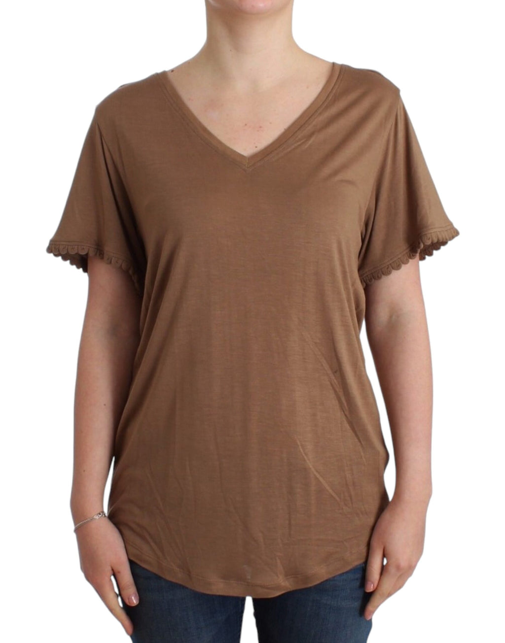 John Galliano Elegantes kurzärmeliges braunes Rayon-Top - Siebentaschen