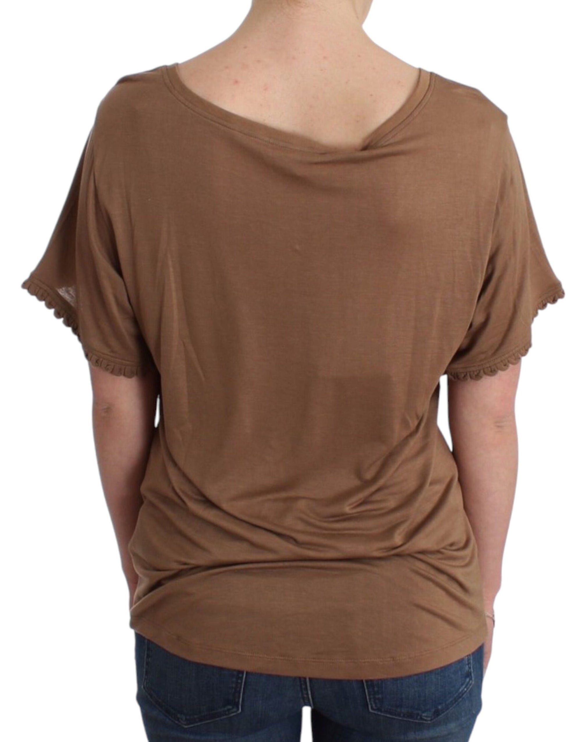 John Galliano Elegantes kurzärmeliges braunes Rayon-Top - Siebentaschen