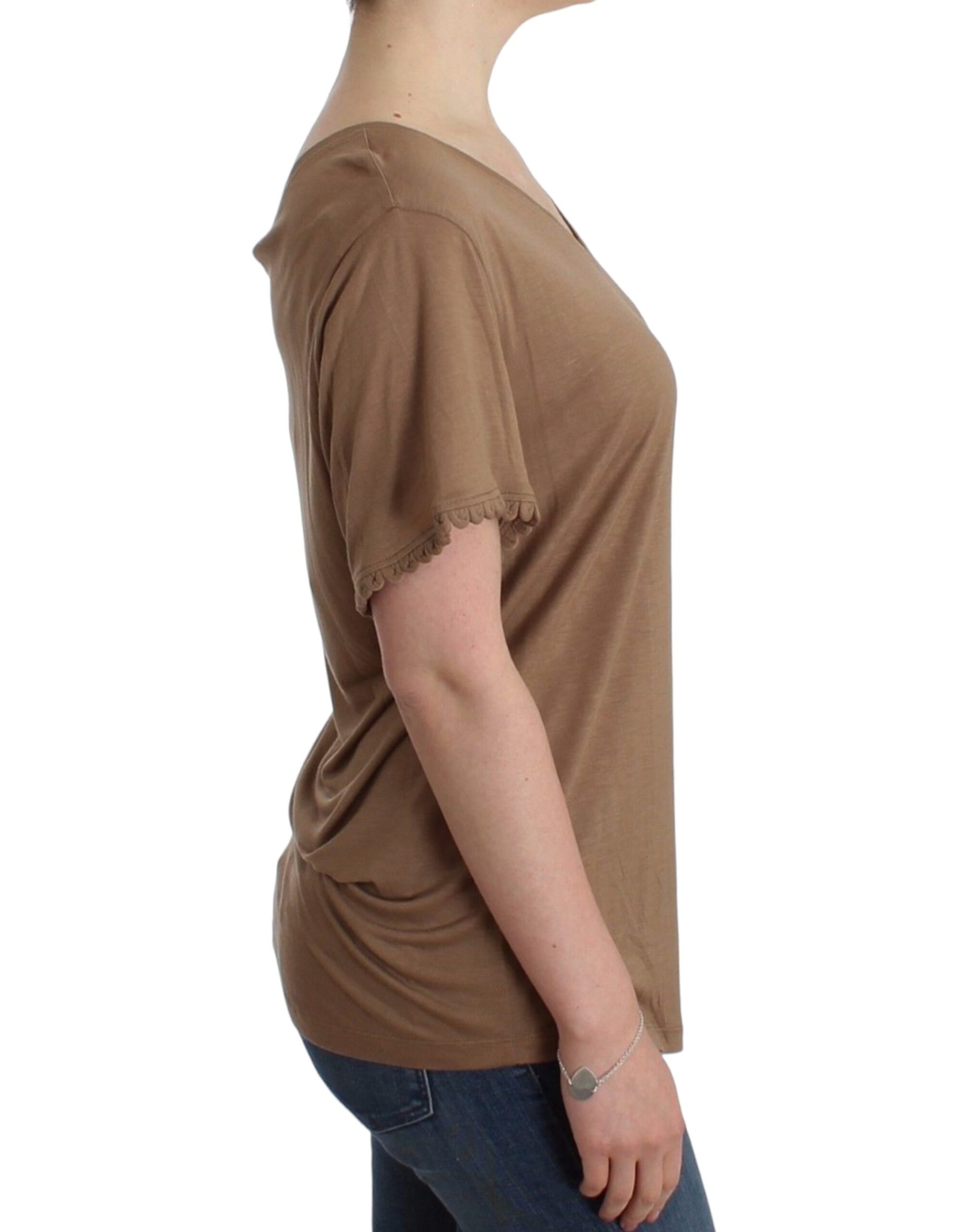 John Galliano Elegantes kurzärmeliges braunes Rayon-Top - Siebentaschen