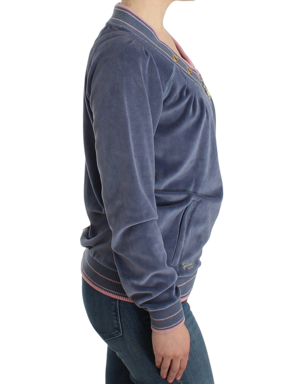 Cavalli Elegante blaue Strickjacke mit Reißverschluss und goldenen Details