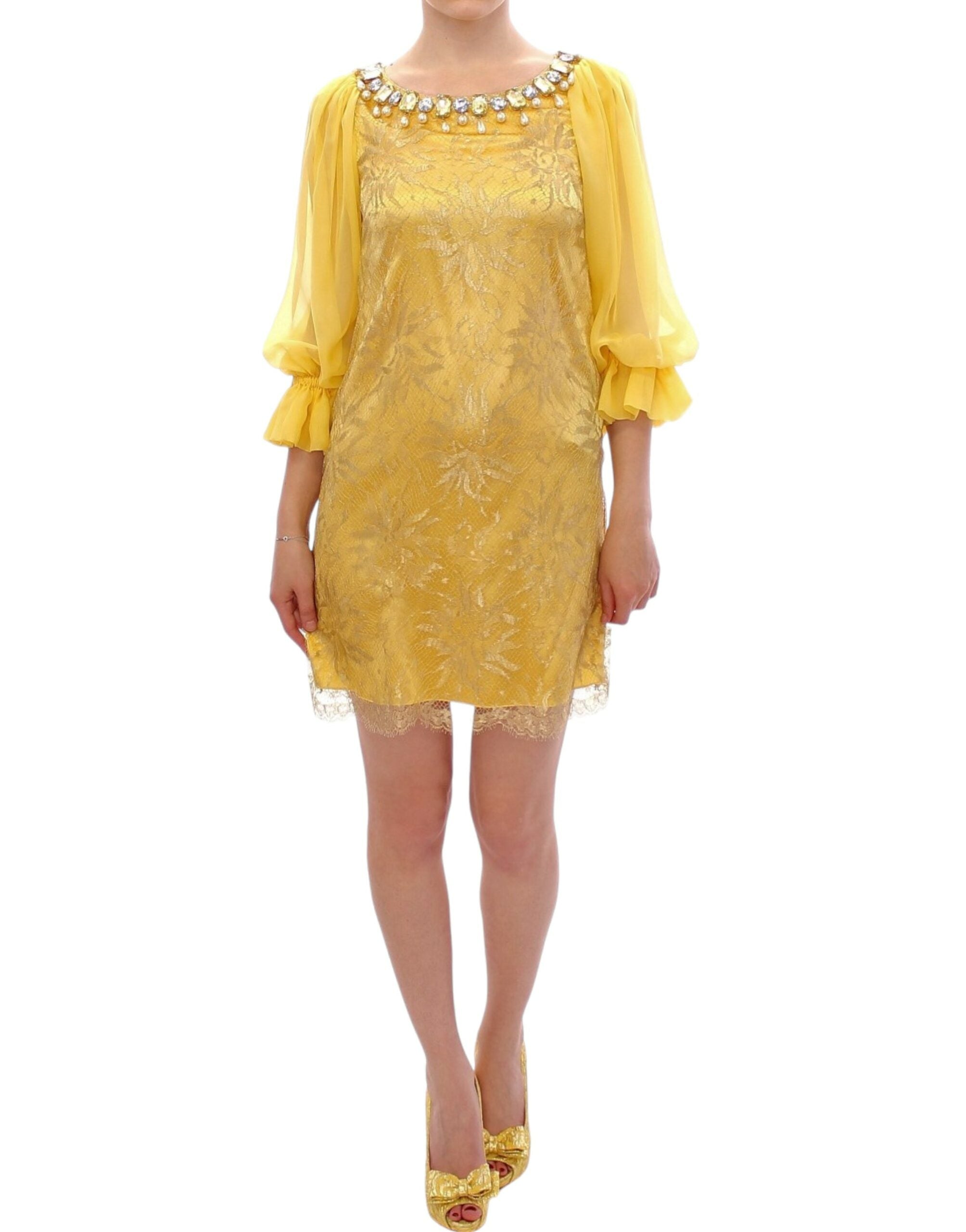 Mini-robe Dolce &amp; Gabbana en dentelle jaune ornée de cristaux