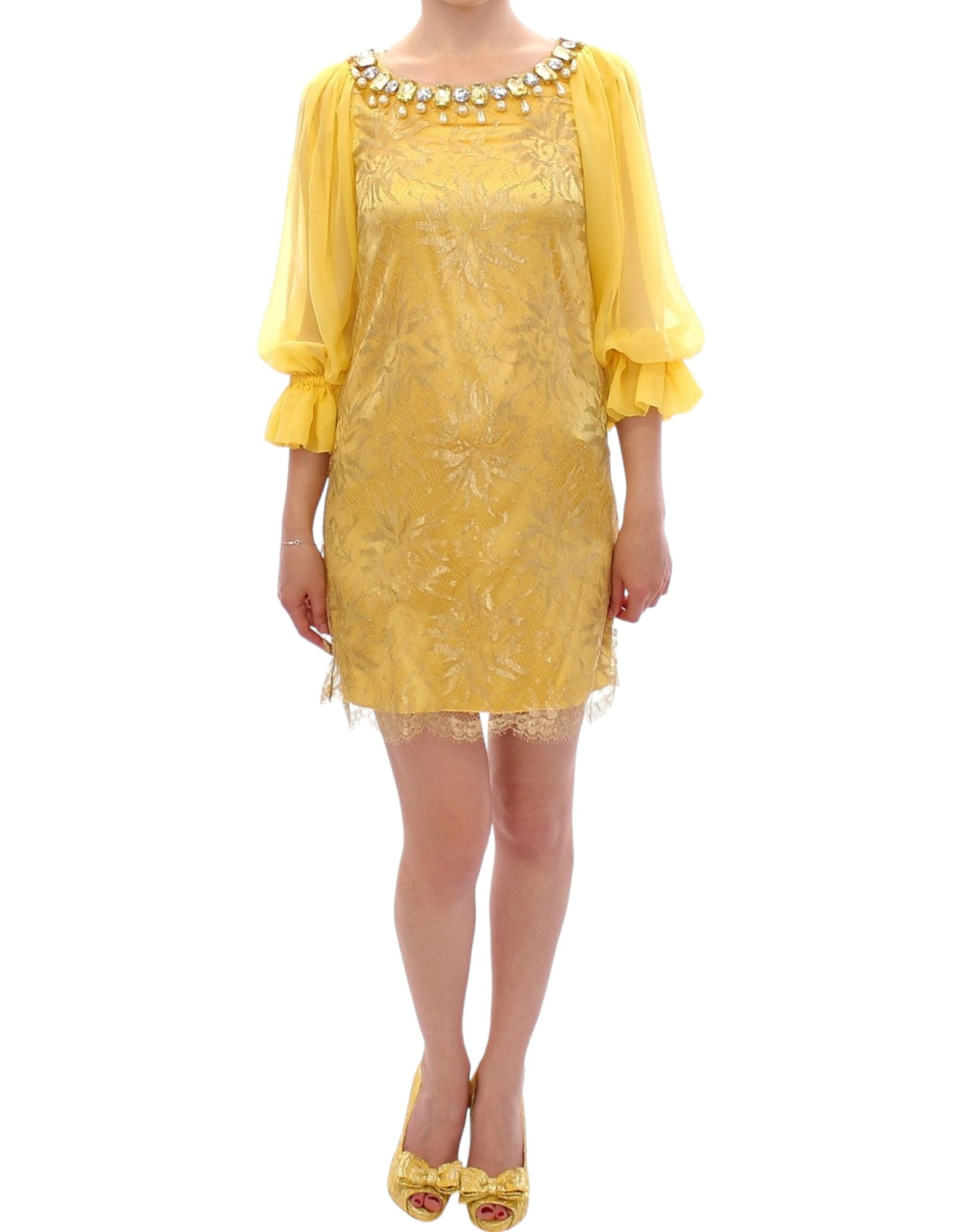 Mini-robe Dolce &amp; Gabbana en dentelle jaune ornée de cristaux