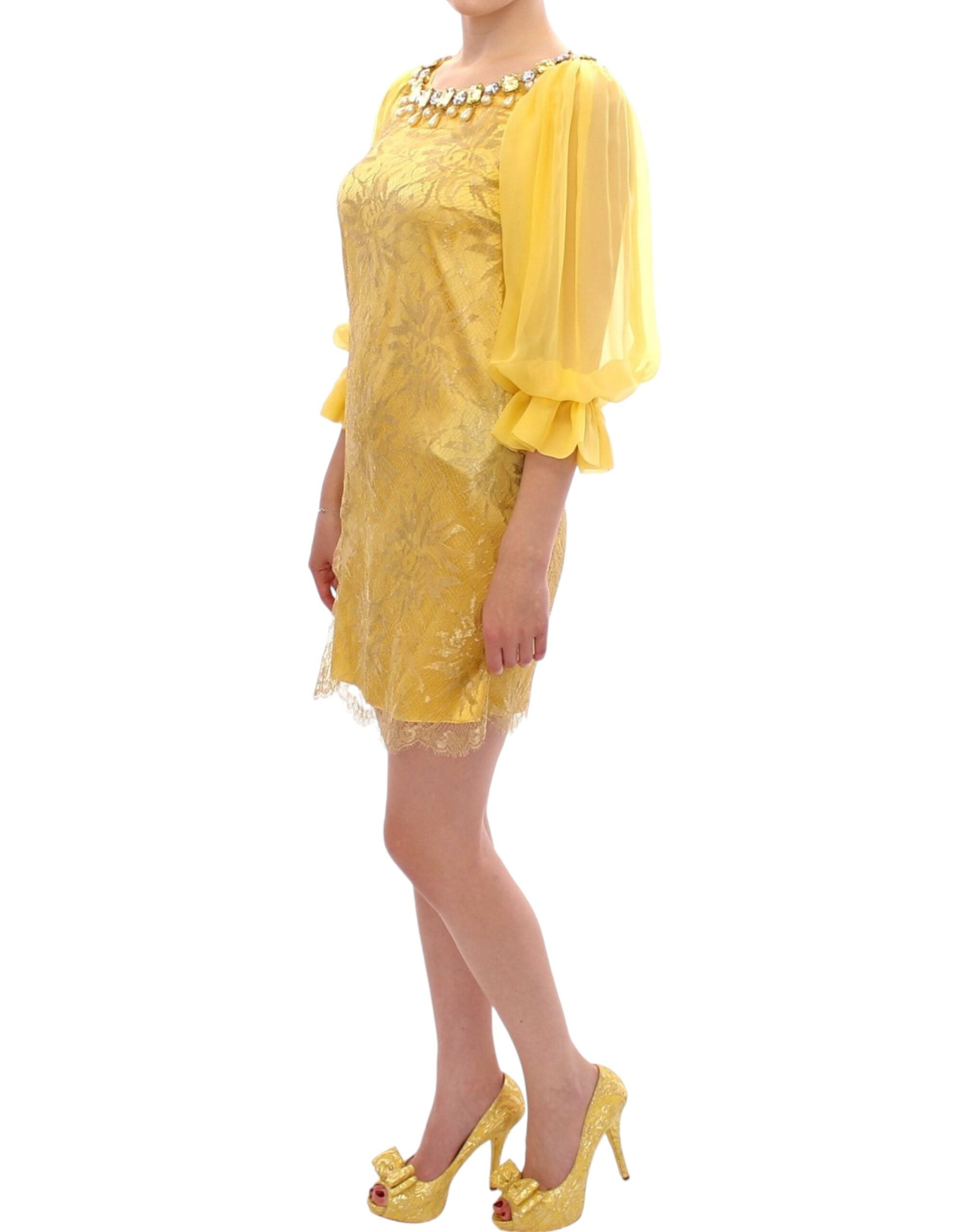 Mini-robe Dolce &amp; Gabbana en dentelle jaune ornée de cristaux