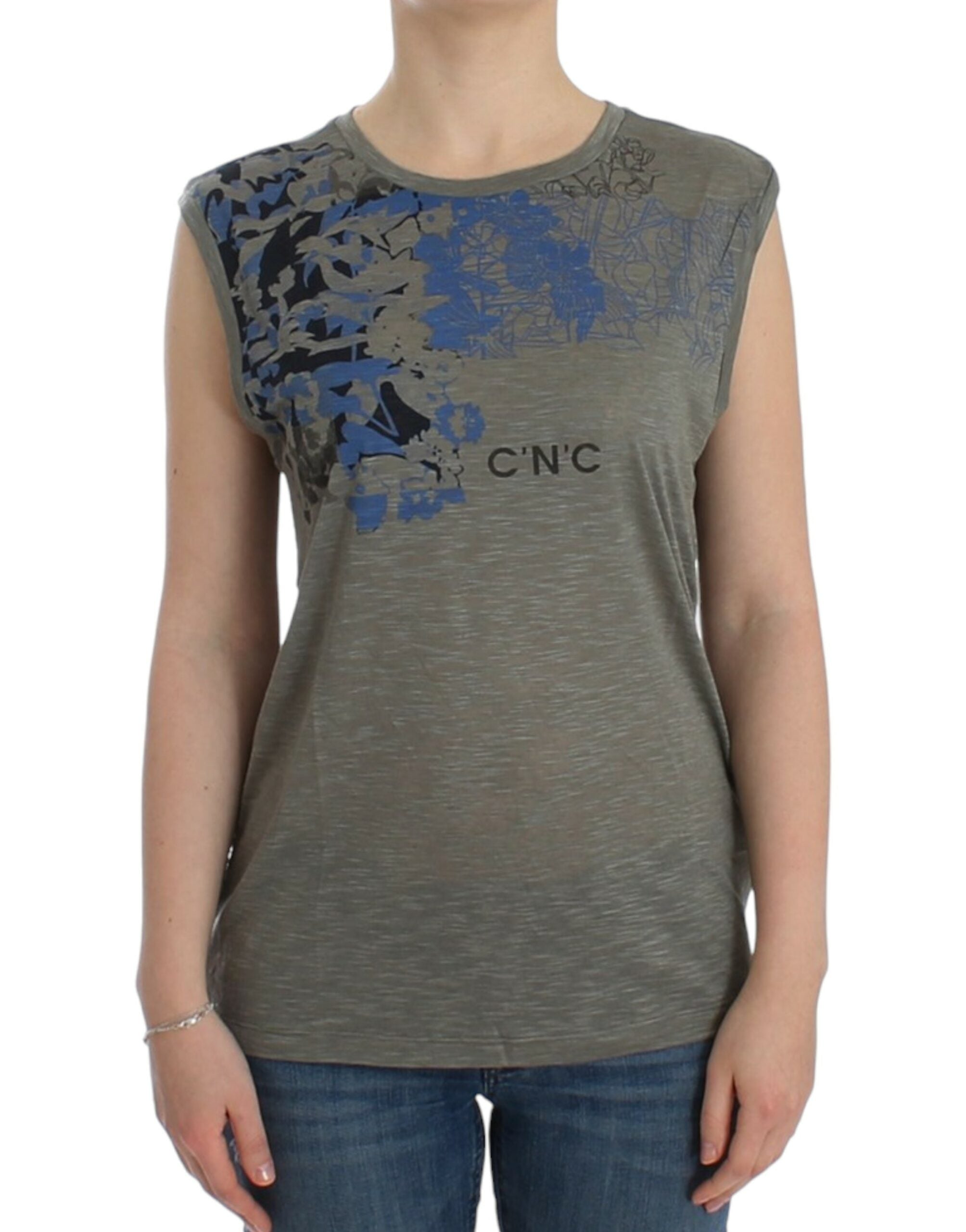 Costume National Chic – Ärmelloses, graues Top mit blauen Details