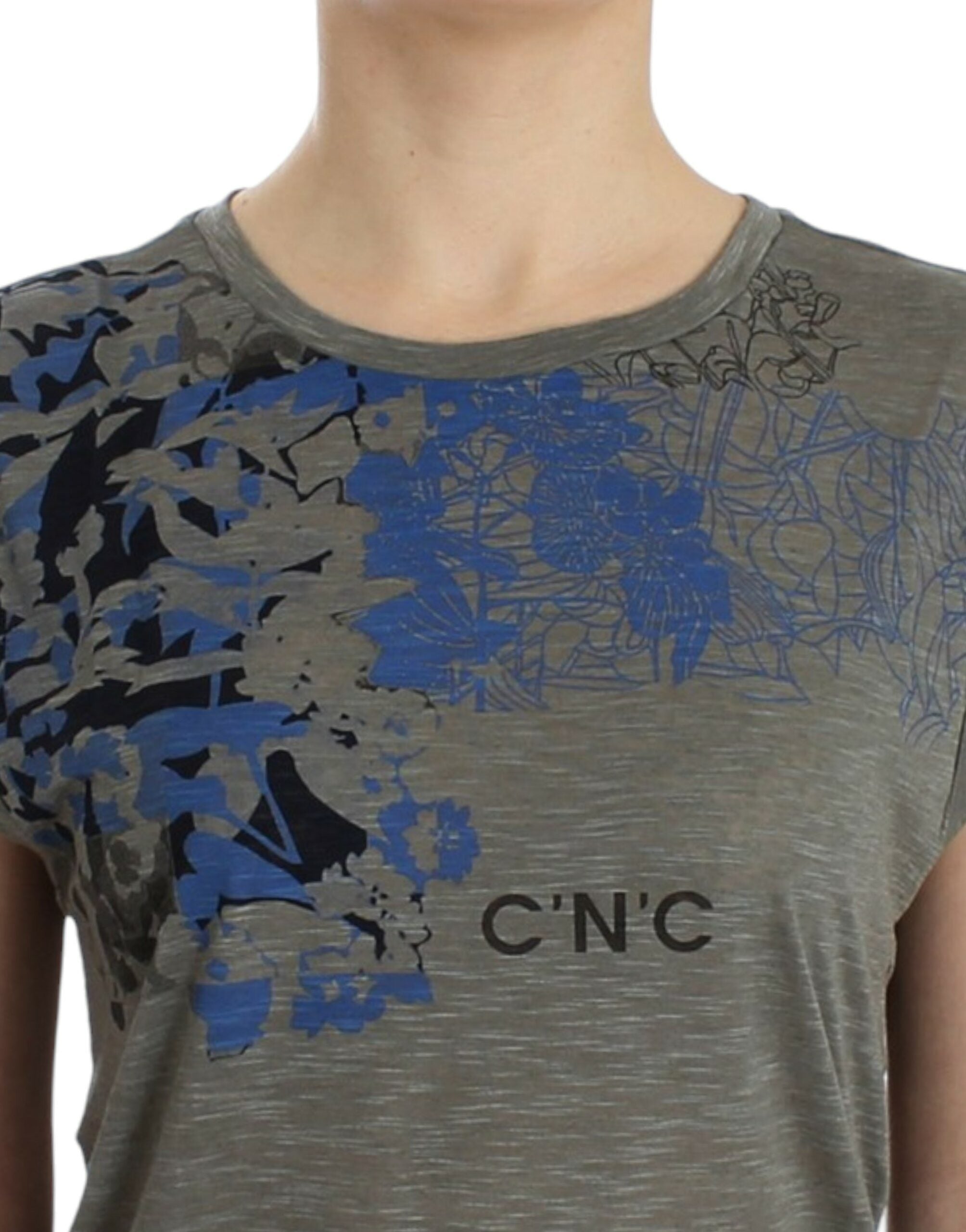 Costume National Chic – Ärmelloses, graues Top mit blauen Details