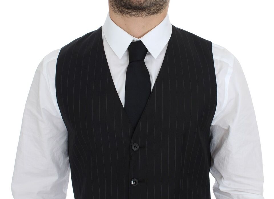 Dolce &amp; Gabbana Chic Robe Gilet en Laine et Soie à Rayures Noires