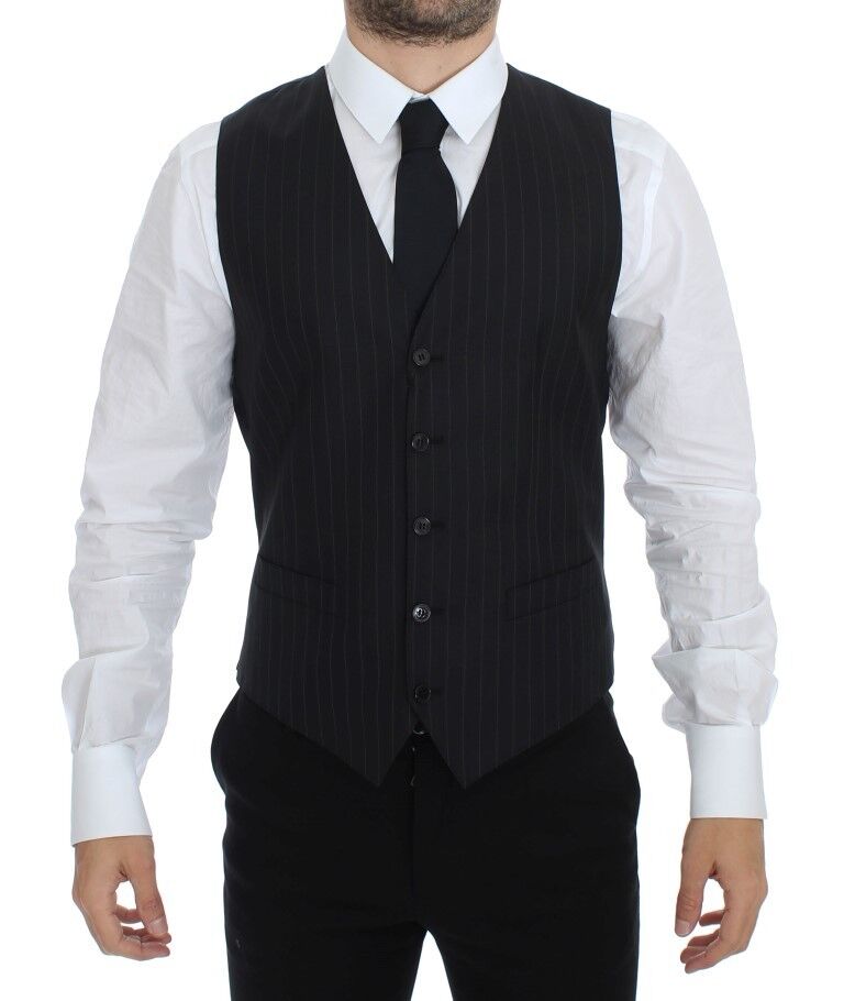 Dolce &amp; Gabbana Chic Robe Gilet en Laine et Soie à Rayures Noires
