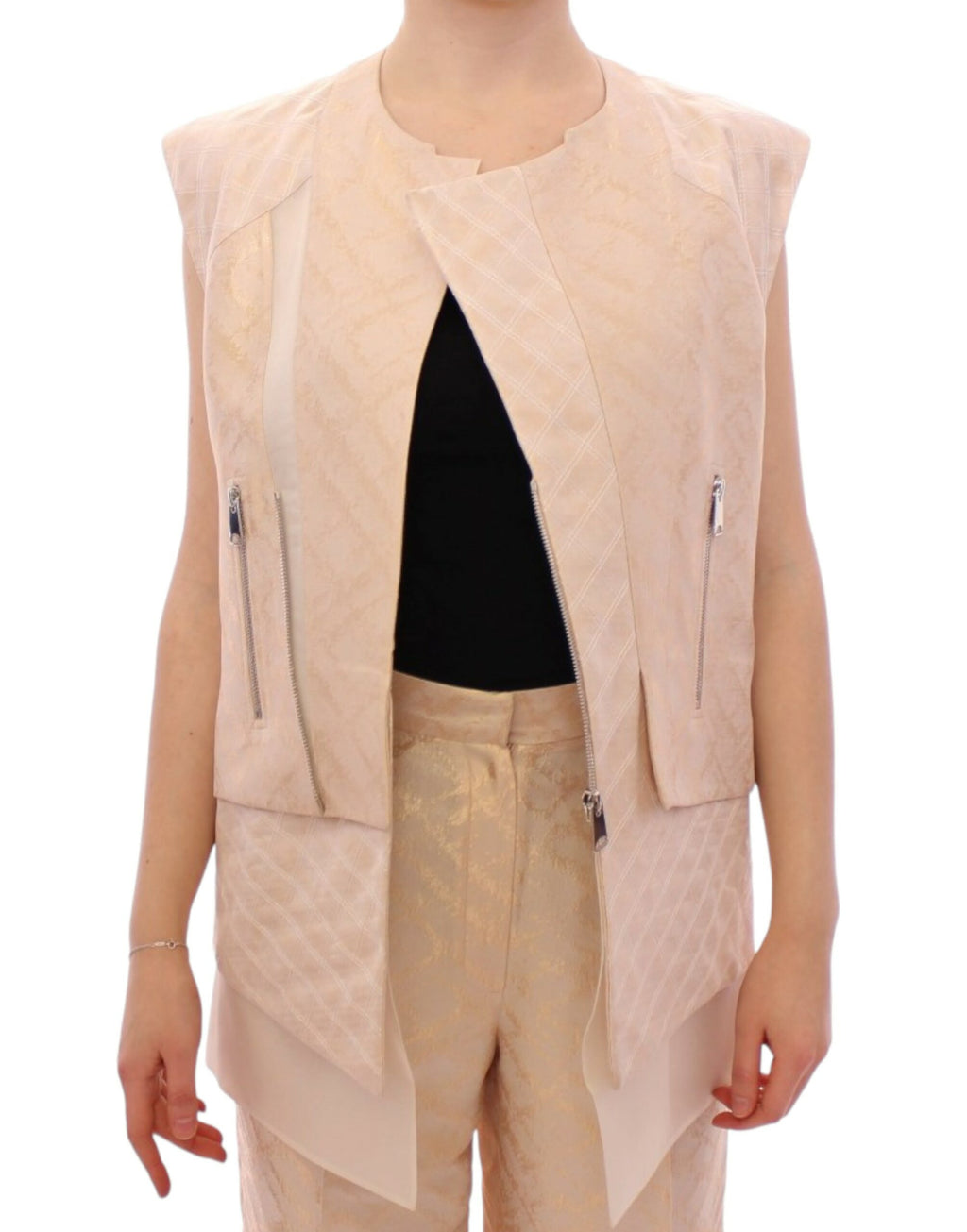 Veste sans manches en brocart beige exquis Zeyneptosun