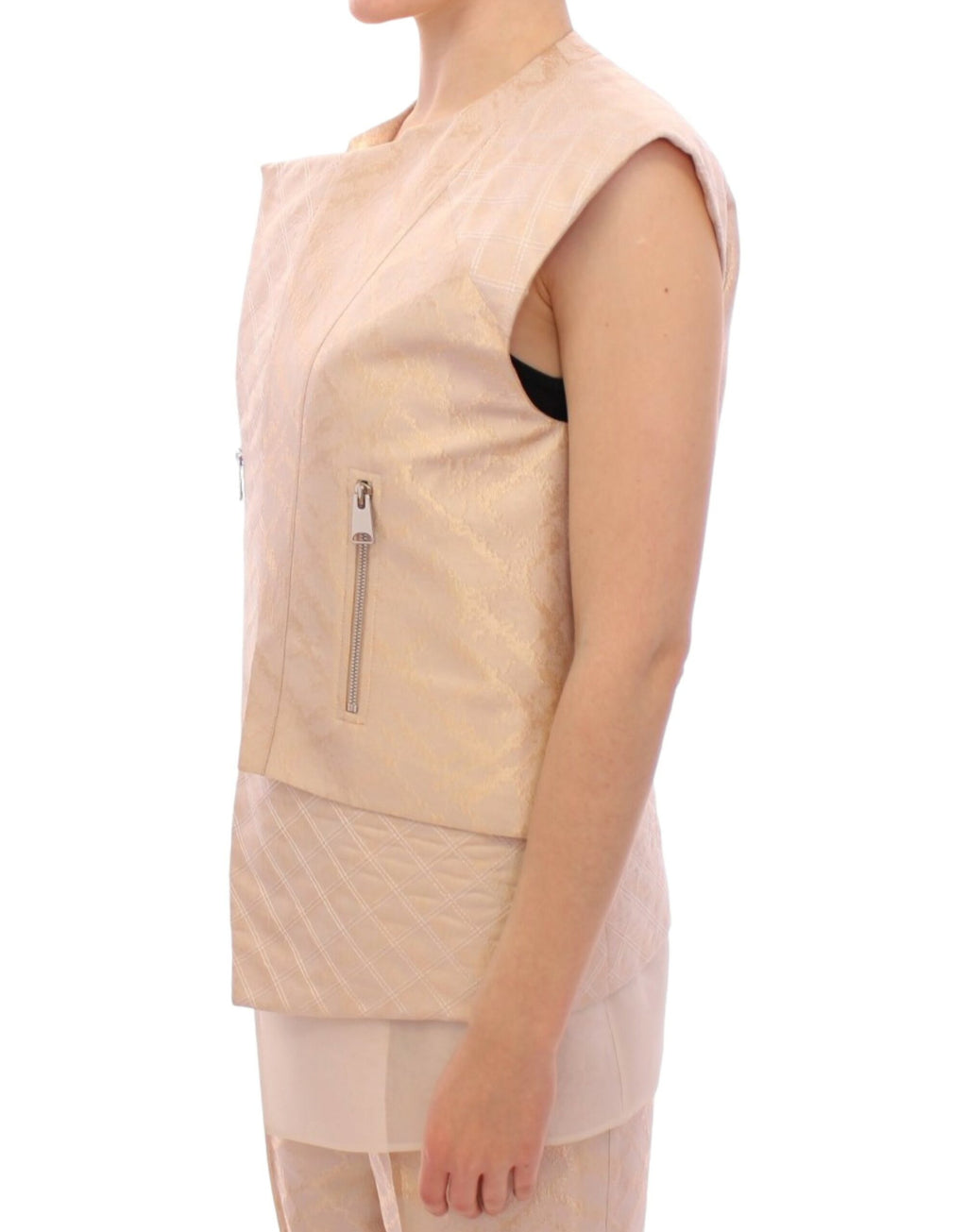 Veste sans manches en brocart beige exquis Zeyneptosun