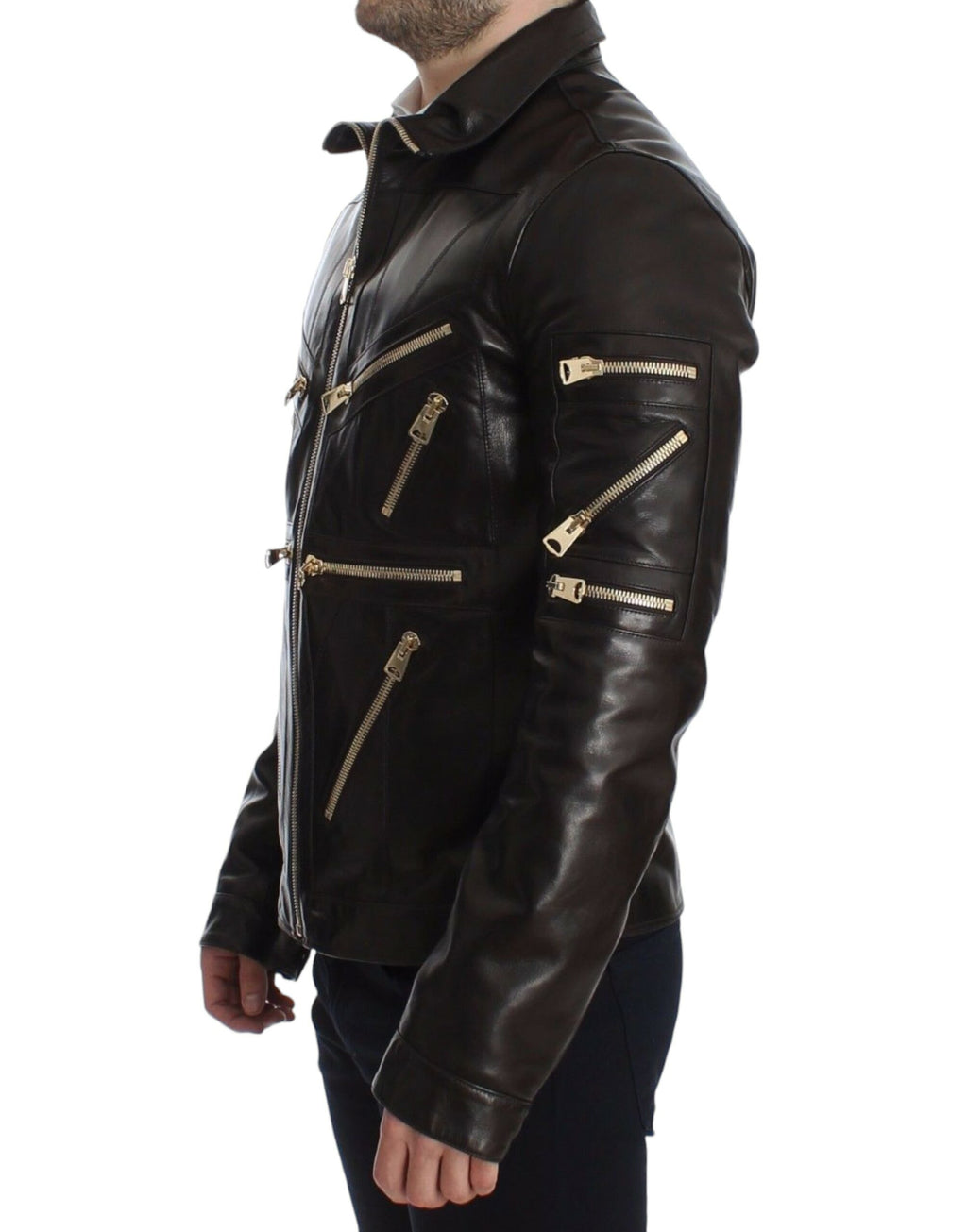 Dolce &amp; Gabbana Elegante braune Lederjacke mit Golddetails