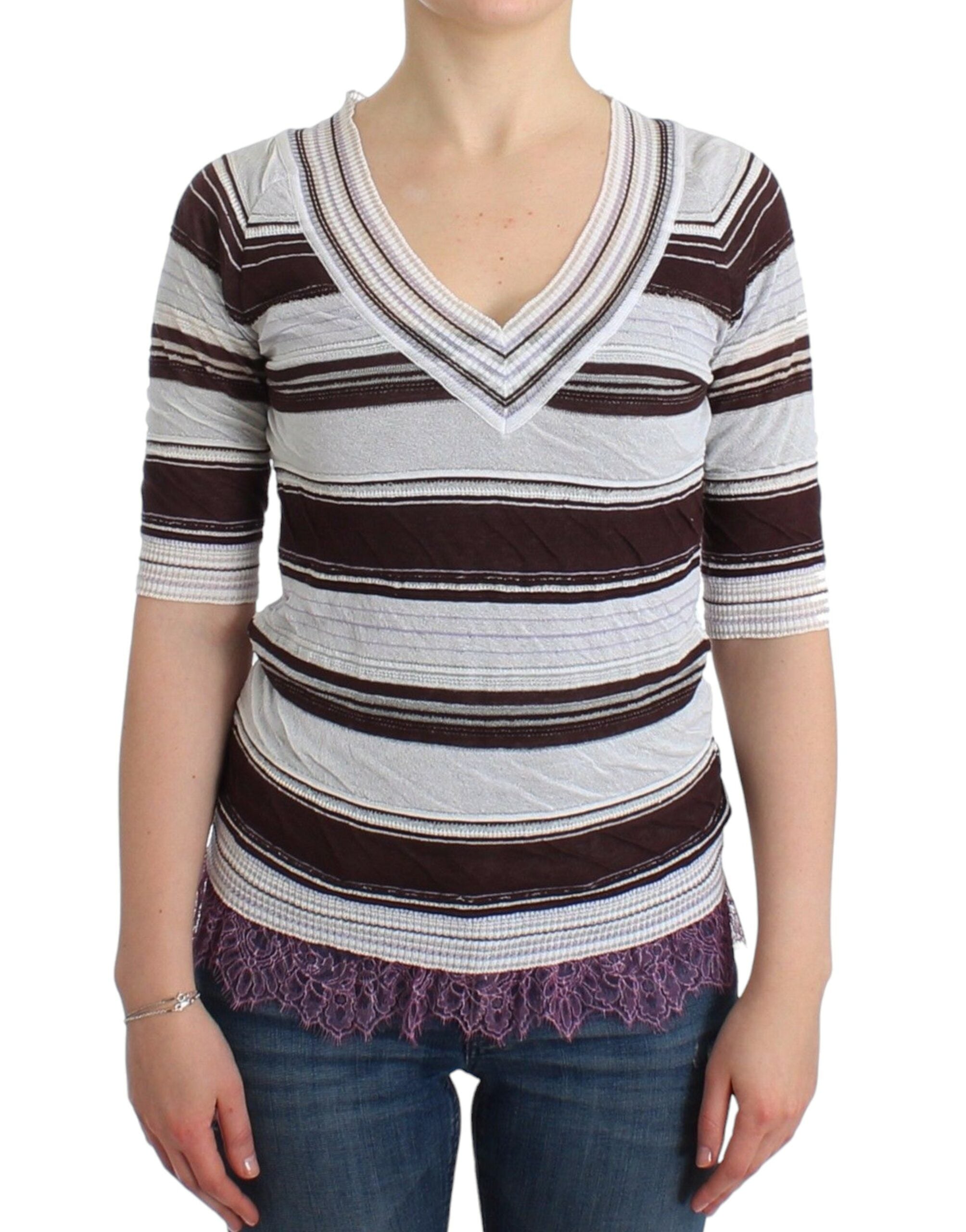 Ermanno Scervino Gestreiftes Stricktop mit V-Ausschnitt und Spitzensaum