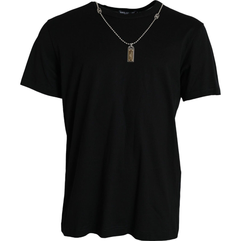 Dolce &amp; Gabbana – Elegantes schwarzes Rundhals-T-Shirt aus Baumwolle mit Dog Tag-Detail