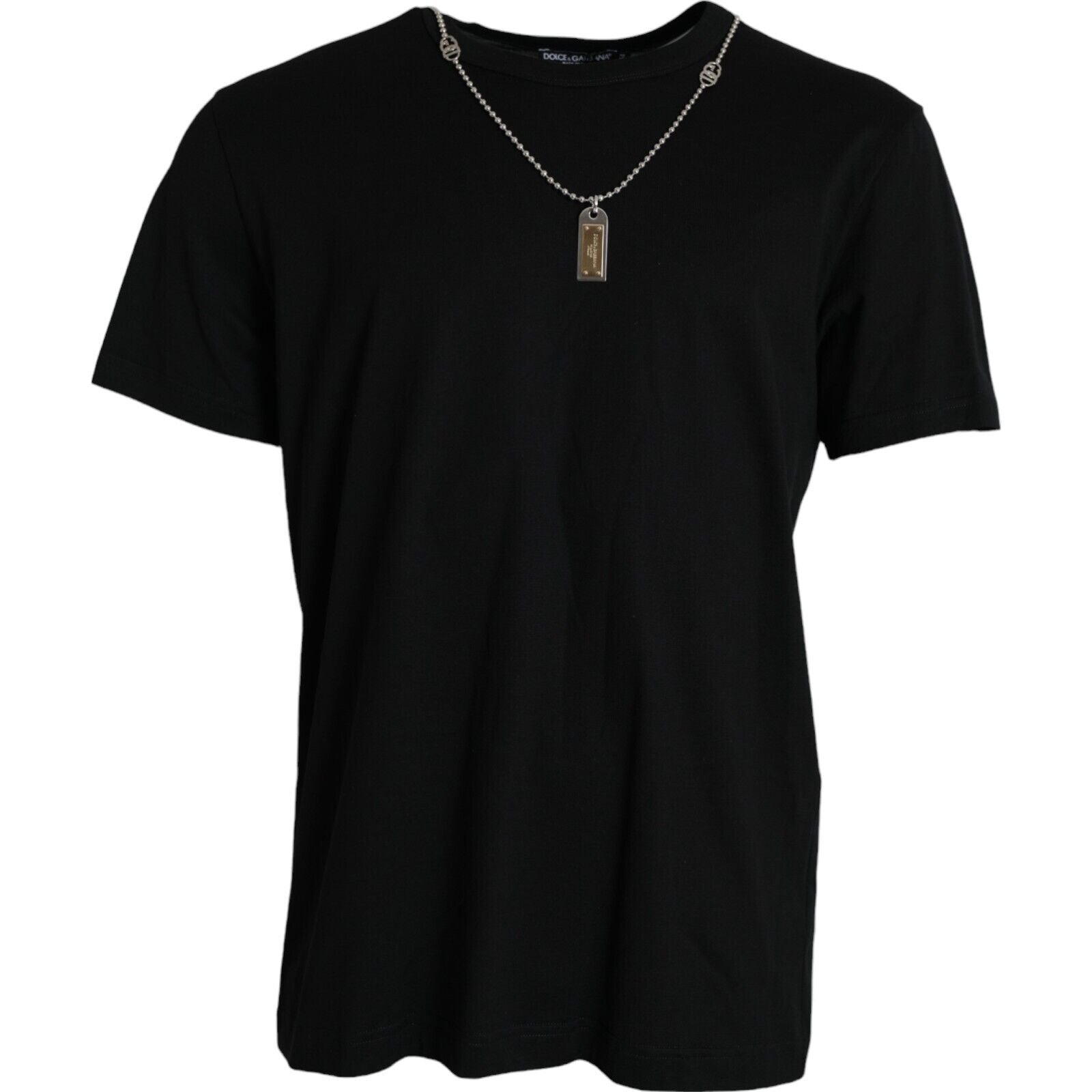 Dolce &amp; Gabbana – Elegantes schwarzes Rundhals-T-Shirt aus Baumwolle mit Dog Tag-Detail