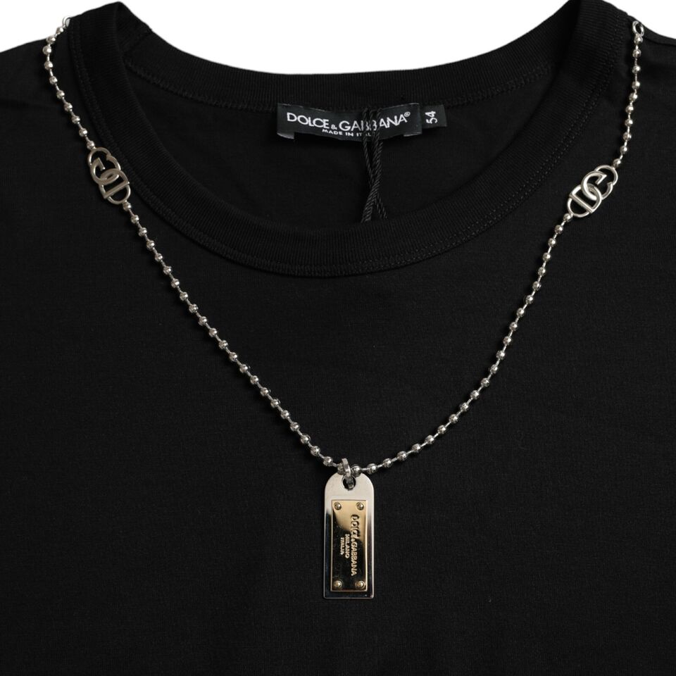 Dolce &amp; Gabbana – Elegantes schwarzes Rundhals-T-Shirt aus Baumwolle mit Dog Tag-Detail