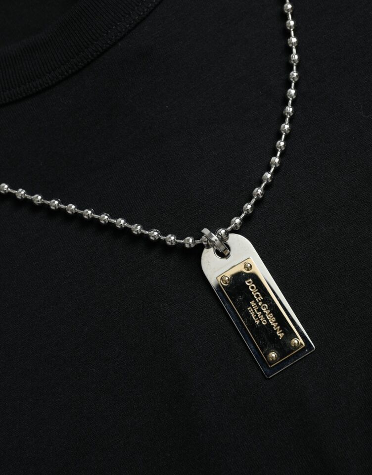 Dolce &amp; Gabbana – Elegantes schwarzes Rundhals-T-Shirt aus Baumwolle mit Dog Tag-Detail