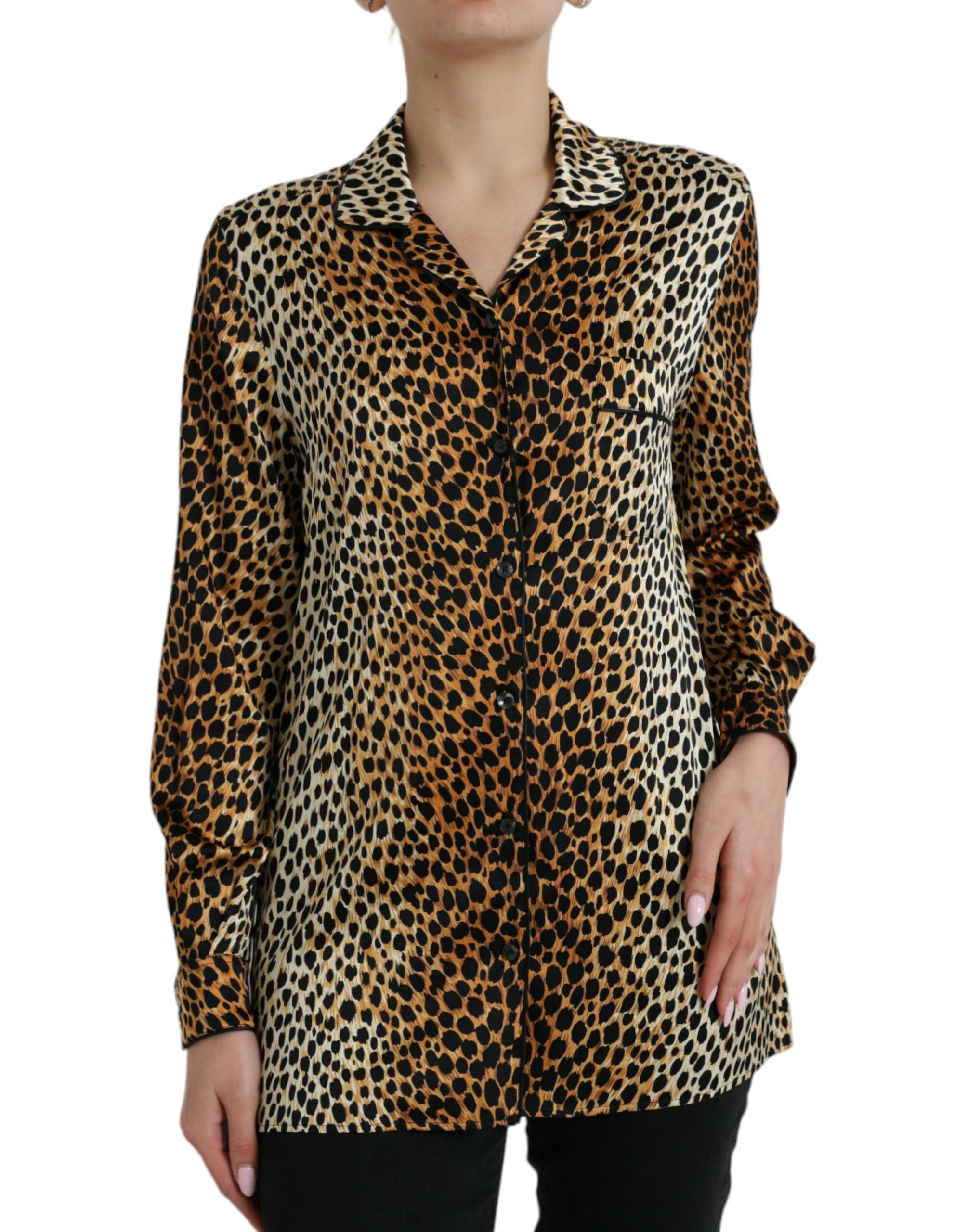 Dolce &amp; Gabbana Elegante braune Seidenbluse mit Animalprint