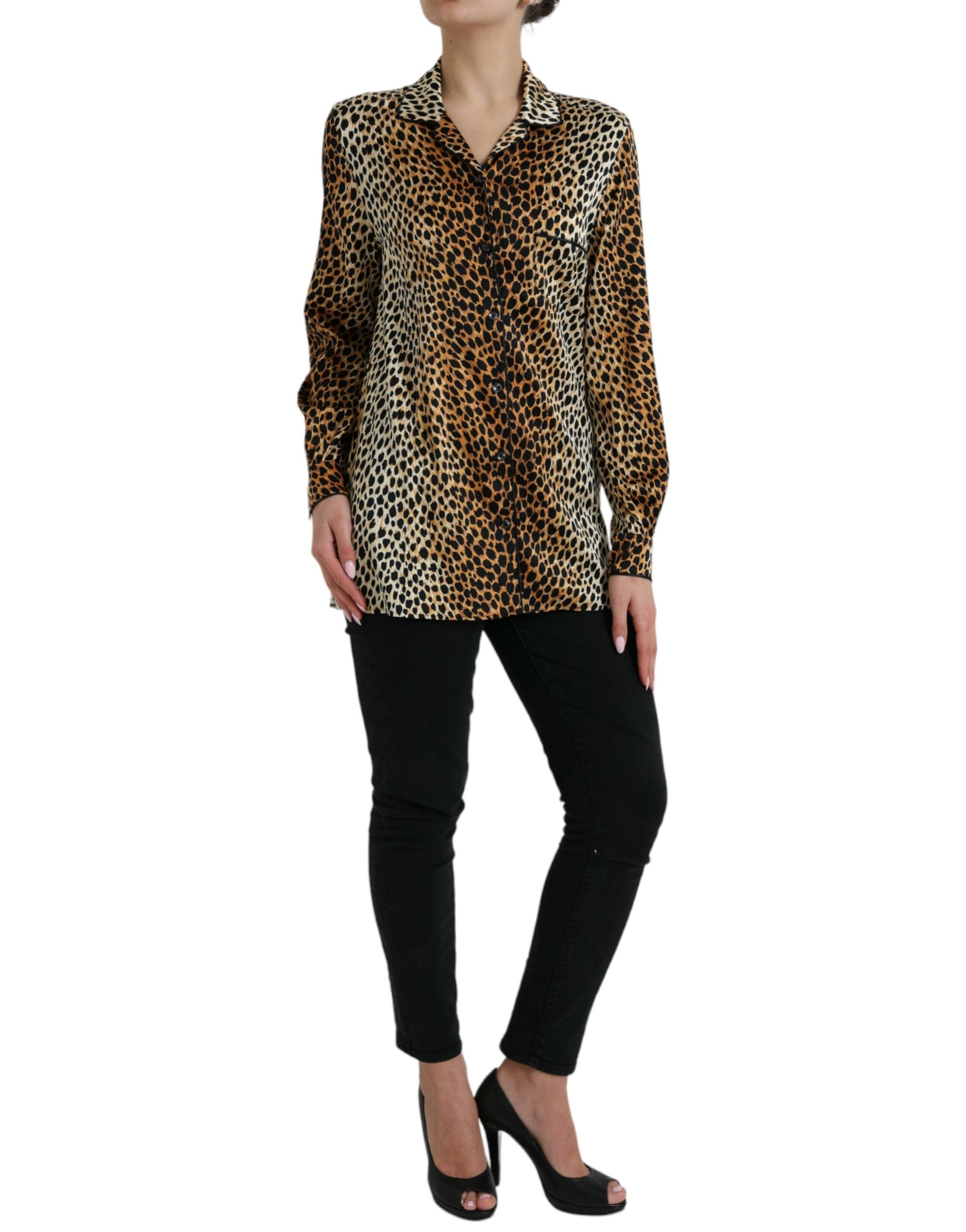 Dolce &amp; Gabbana Elegante braune Seidenbluse mit Animalprint