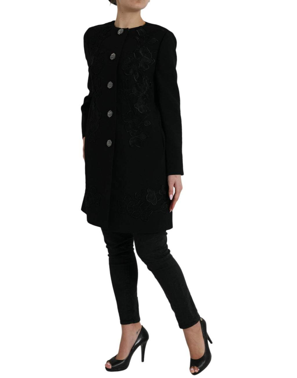 Trench-coat élégant en laine boutonné à fleurs Dolce &amp; Gabbana
