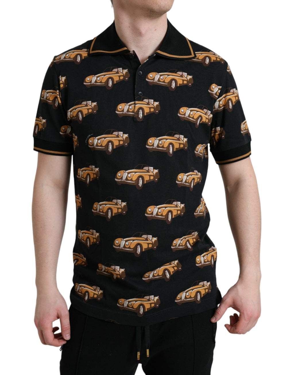 Dolce &amp; Gabbana – Schwarzes Poloshirt mit kurzem Arm und Auto-Print