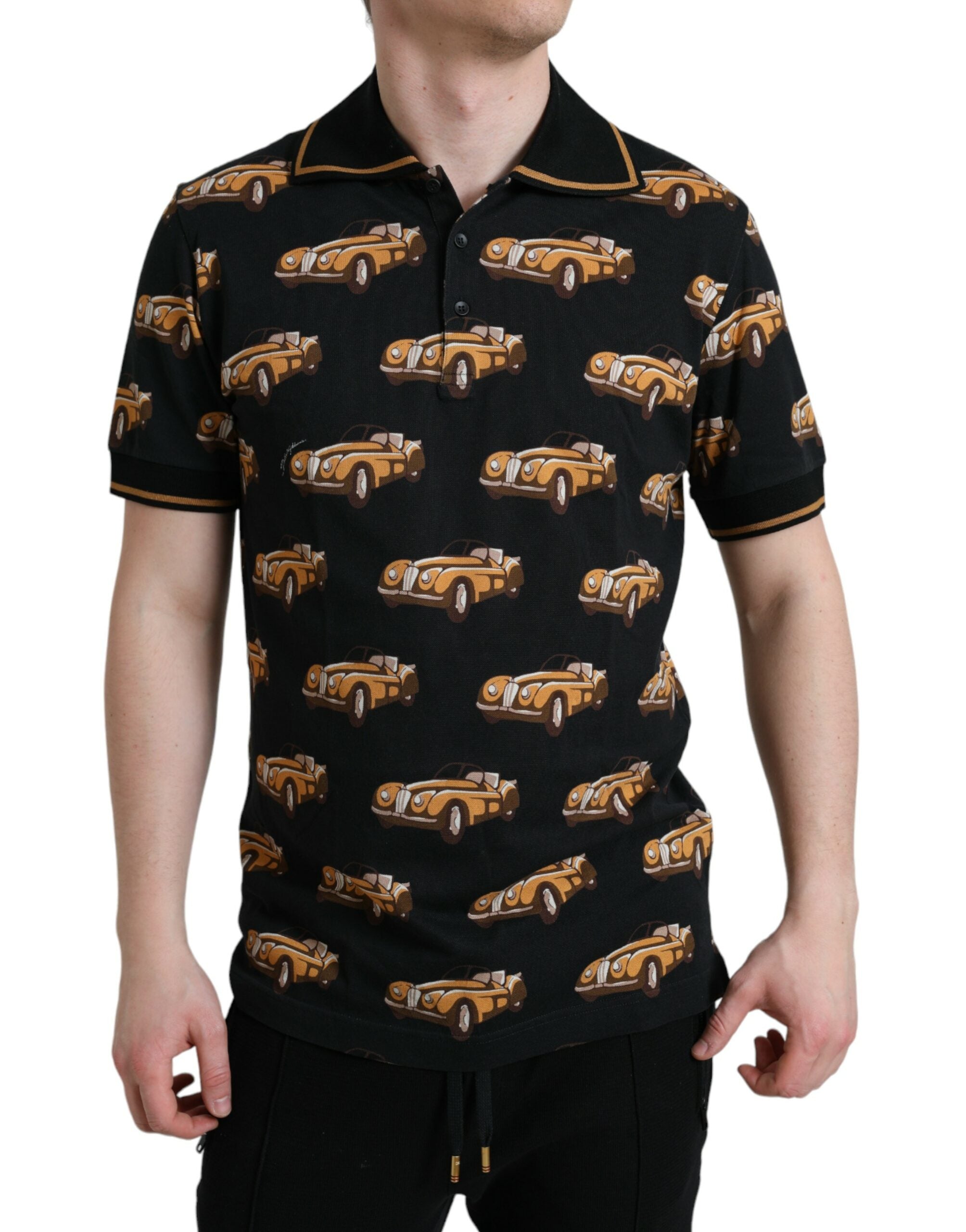 Dolce &amp; Gabbana – Schwarzes Poloshirt mit kurzem Arm und Auto-Print