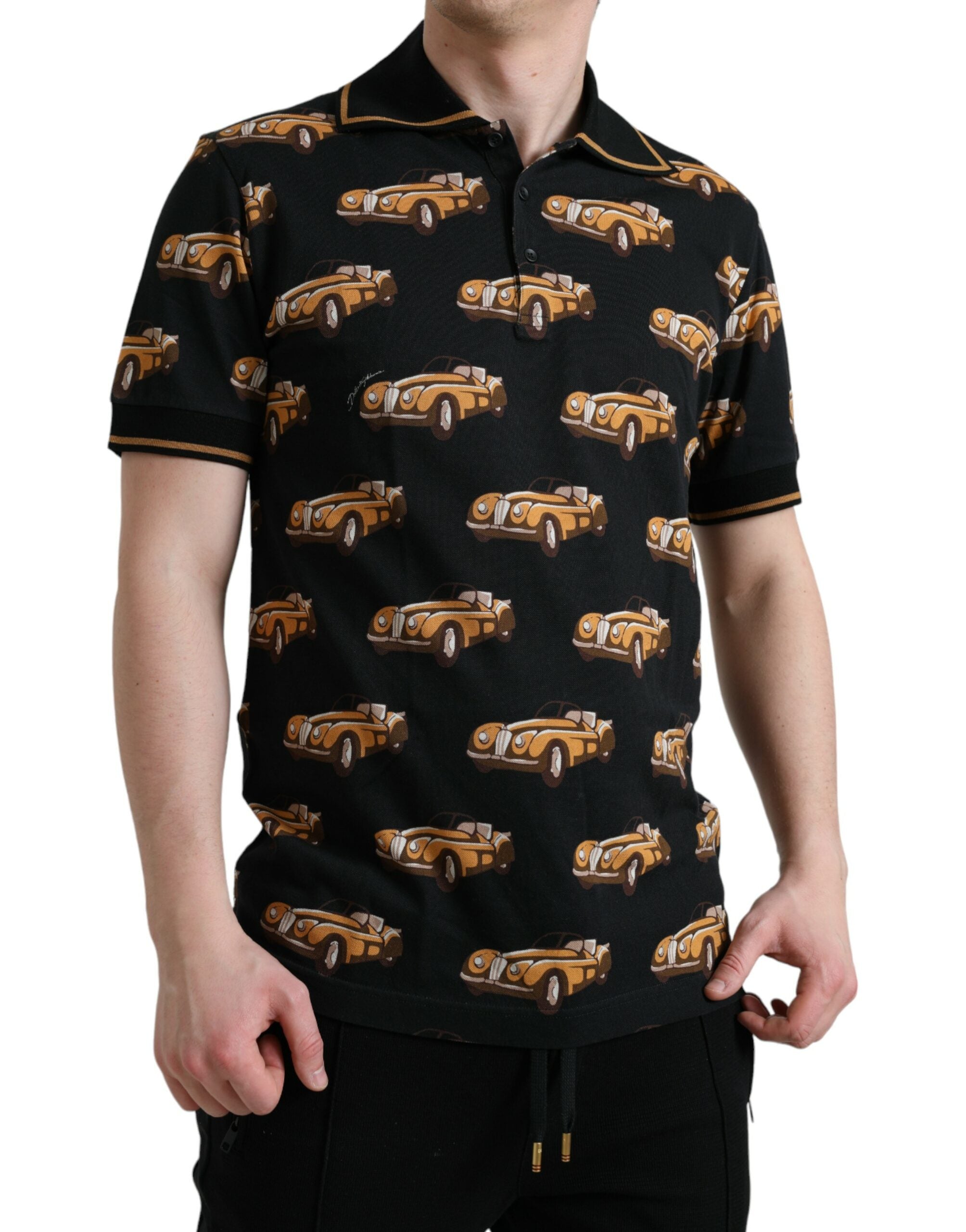Dolce &amp; Gabbana – Schwarzes Poloshirt mit kurzem Arm und Auto-Print