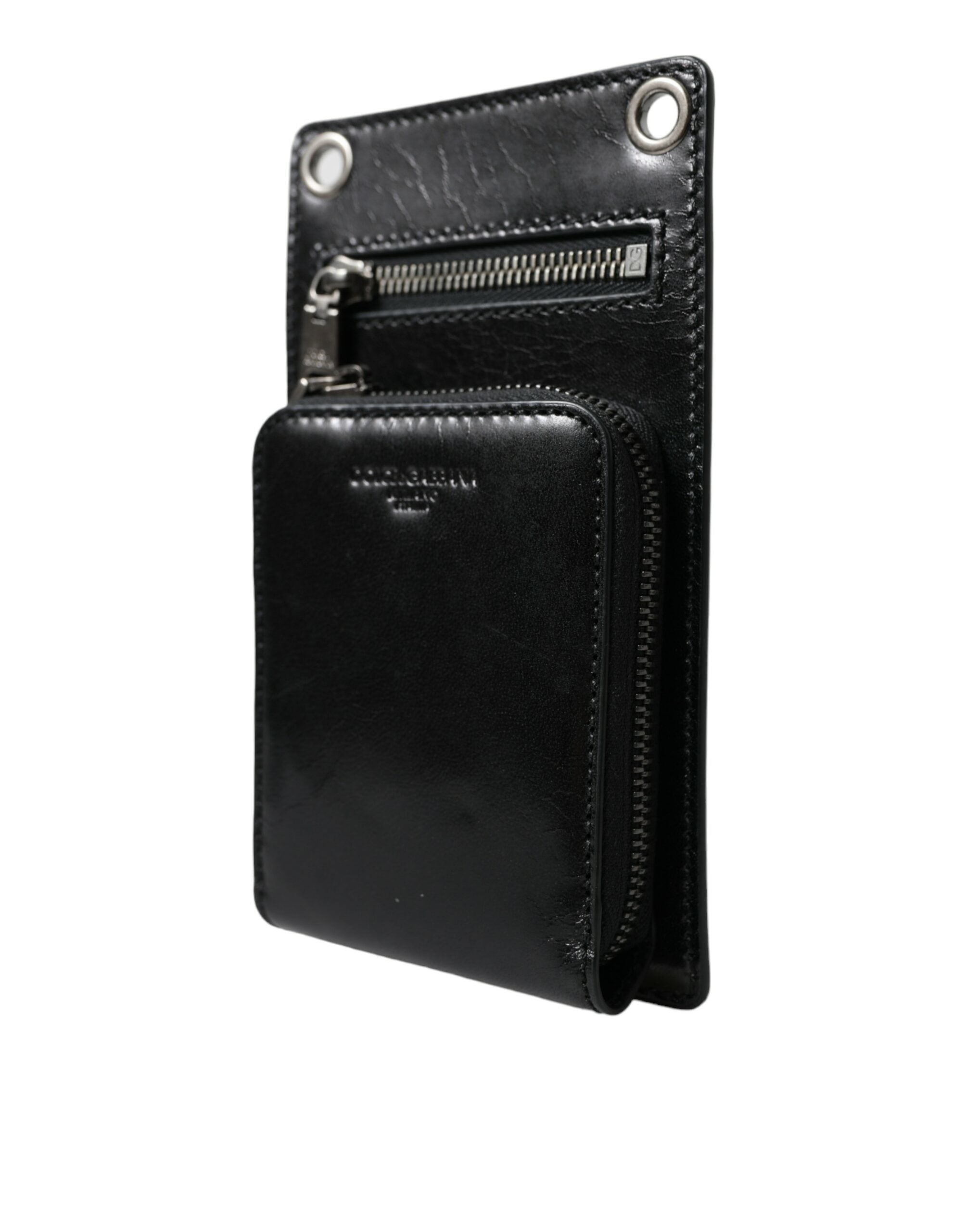 Portefeuille Dolce &amp; Gabbana en cuir de cheval noir avec fermeture éclair et logo, compartiment pour téléphone