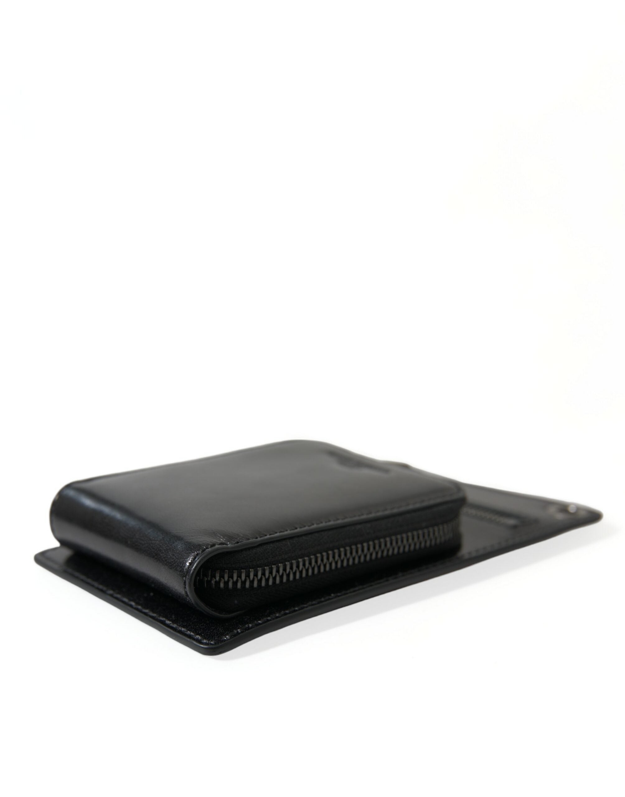 Portefeuille Dolce &amp; Gabbana en cuir de cheval noir avec fermeture éclair et logo, compartiment pour téléphone