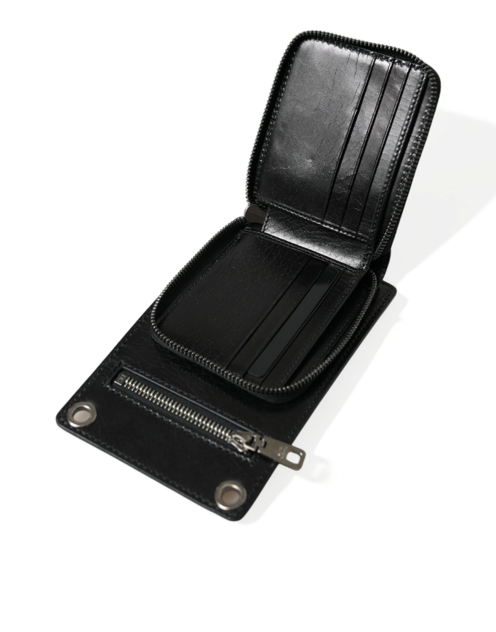 Portefeuille Dolce &amp; Gabbana en cuir de cheval noir avec fermeture éclair et logo, compartiment pour téléphone