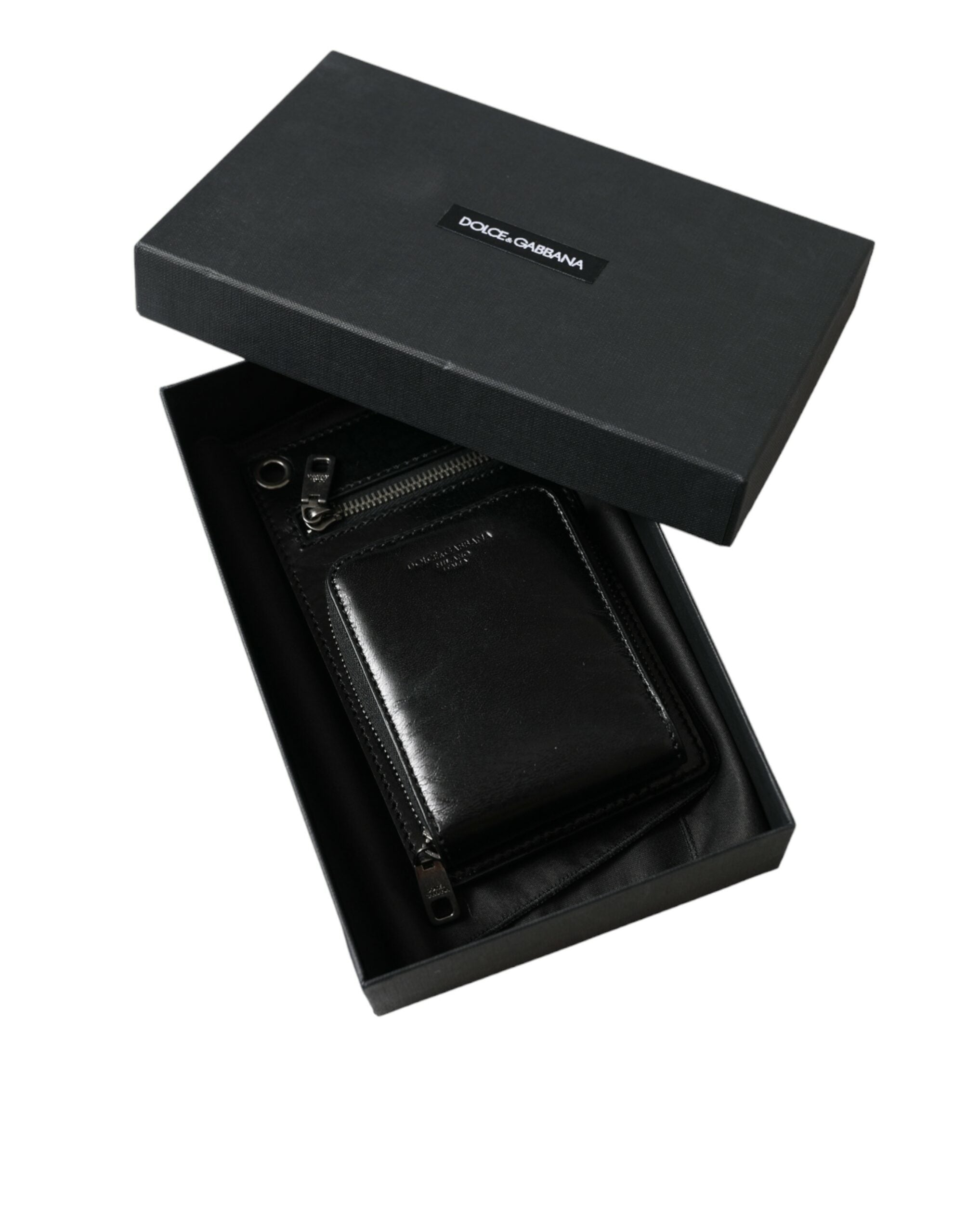 Portefeuille Dolce &amp; Gabbana en cuir de cheval noir avec fermeture éclair et logo, compartiment pour téléphone