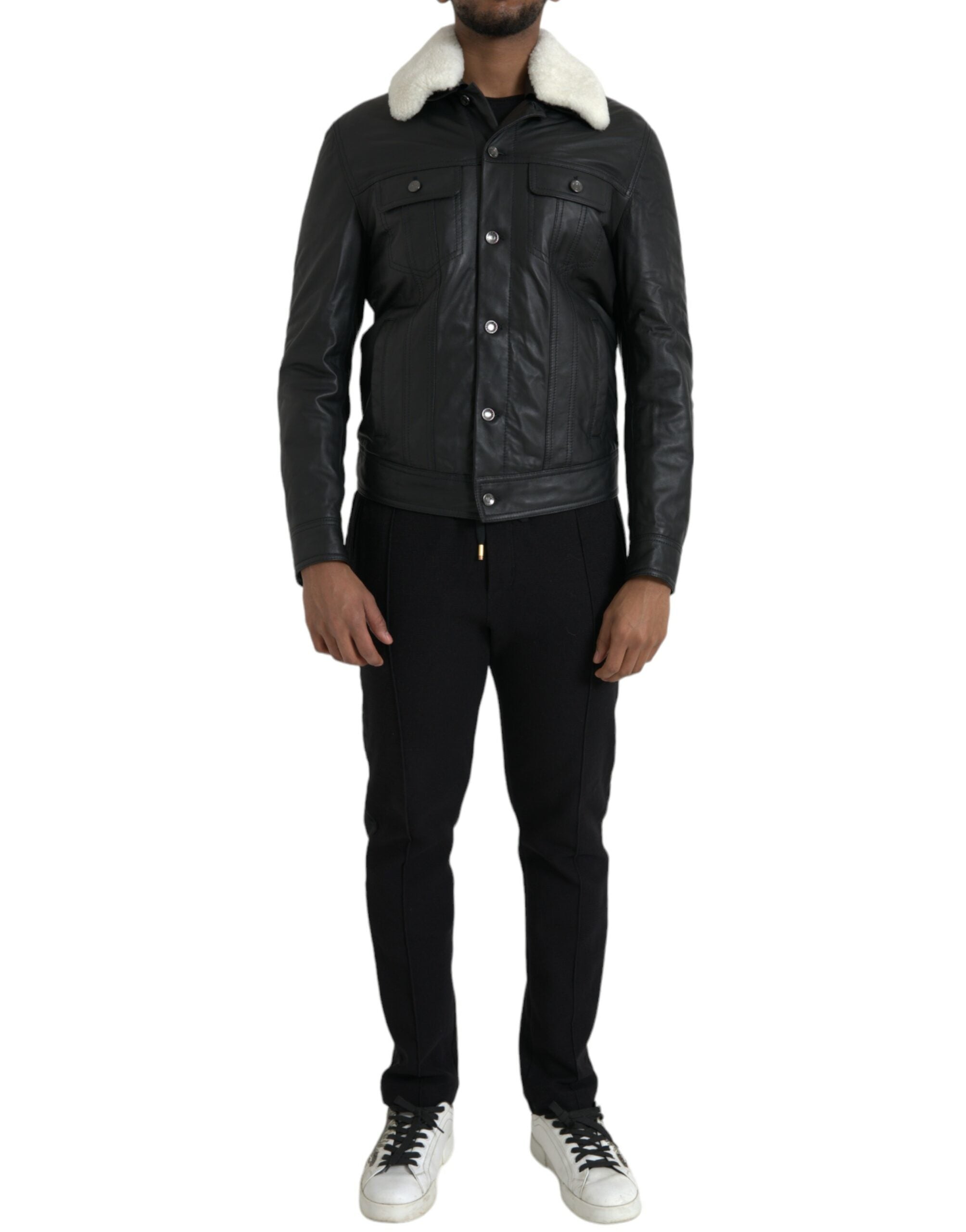 Dolce &amp; Gabbana - Manteau motard en cuir noir avec col en fourrure