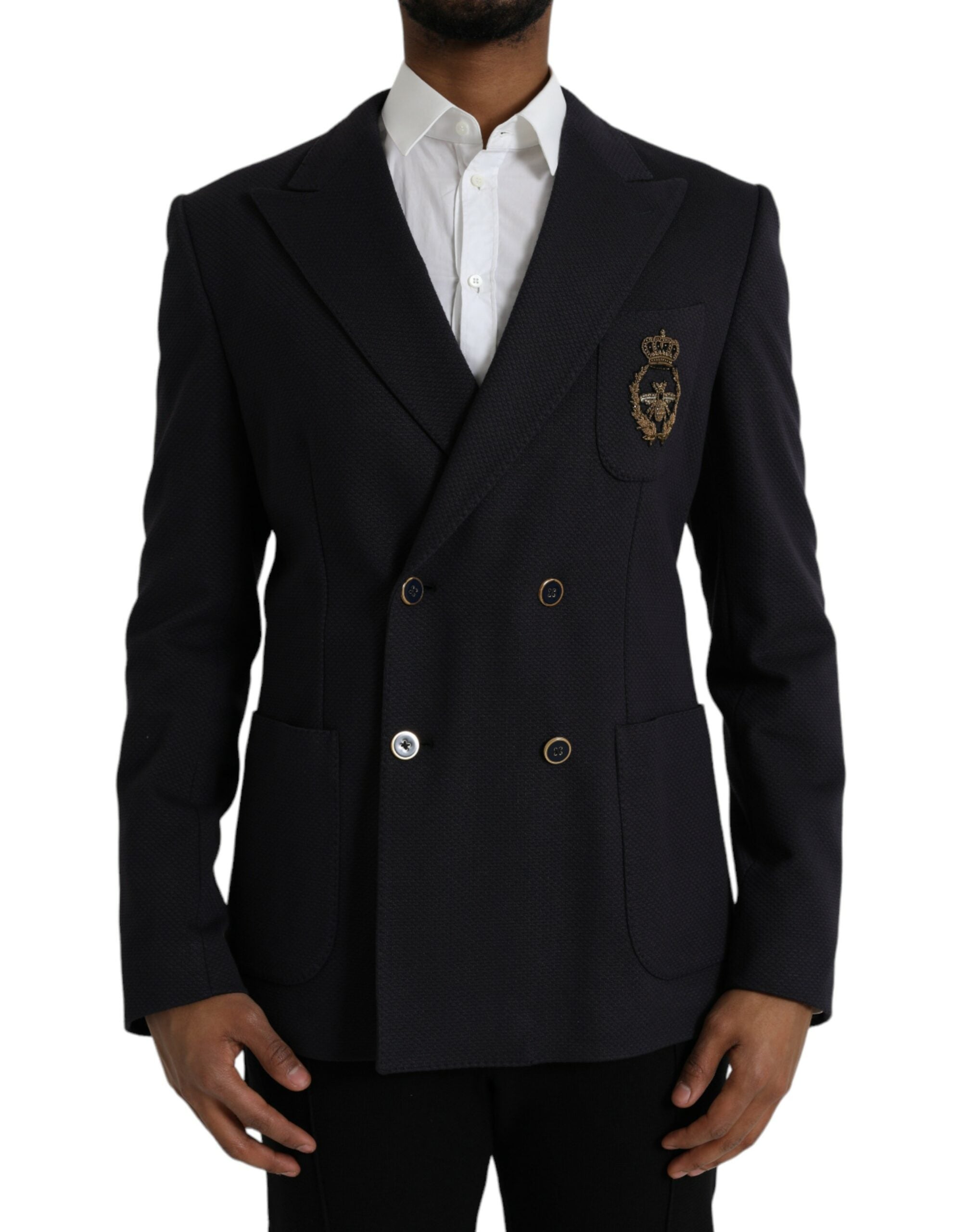Blazer croisé bleu foncé Dolce &amp; Gabbana à motif couronne et abeille