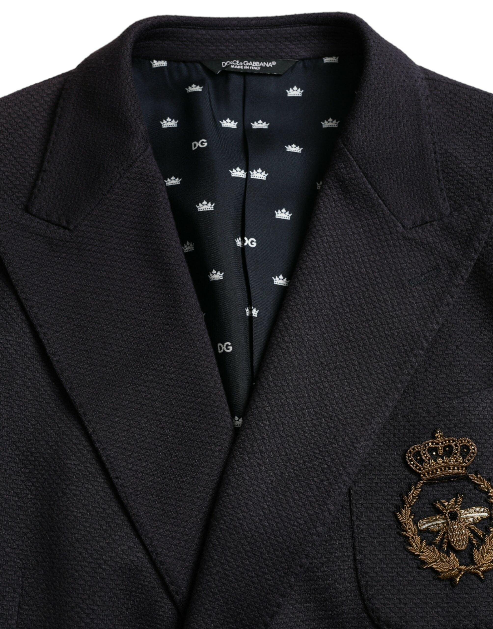 Blazer croisé bleu foncé Dolce &amp; Gabbana à motif couronne et abeille