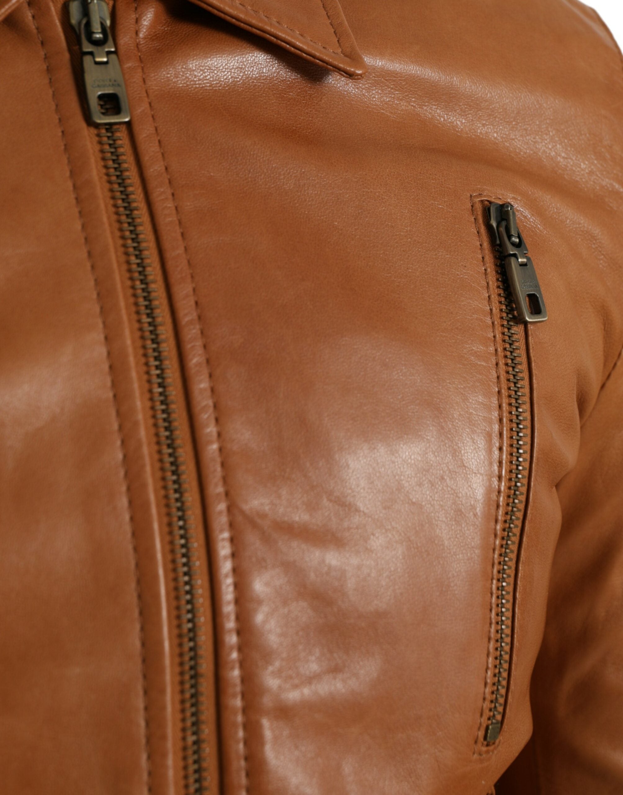 Blouson zippé en cuir d'agneau marron Dolce &amp; Gabbana