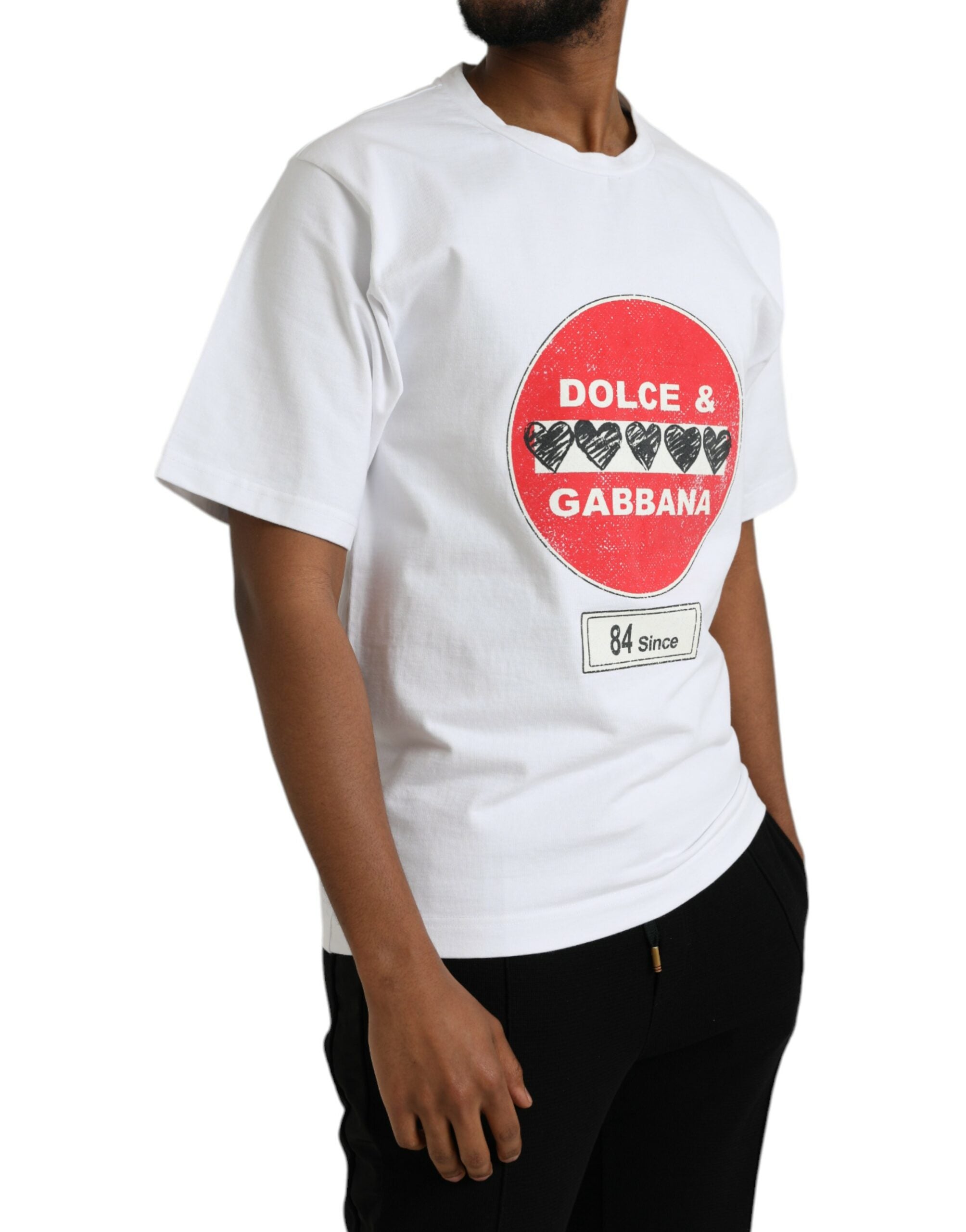 Dolce &amp; Gabbana – Weißes, kurzärmliges T-Shirt mit Rundhalsausschnitt und Herzmotiv aus Baumwolle