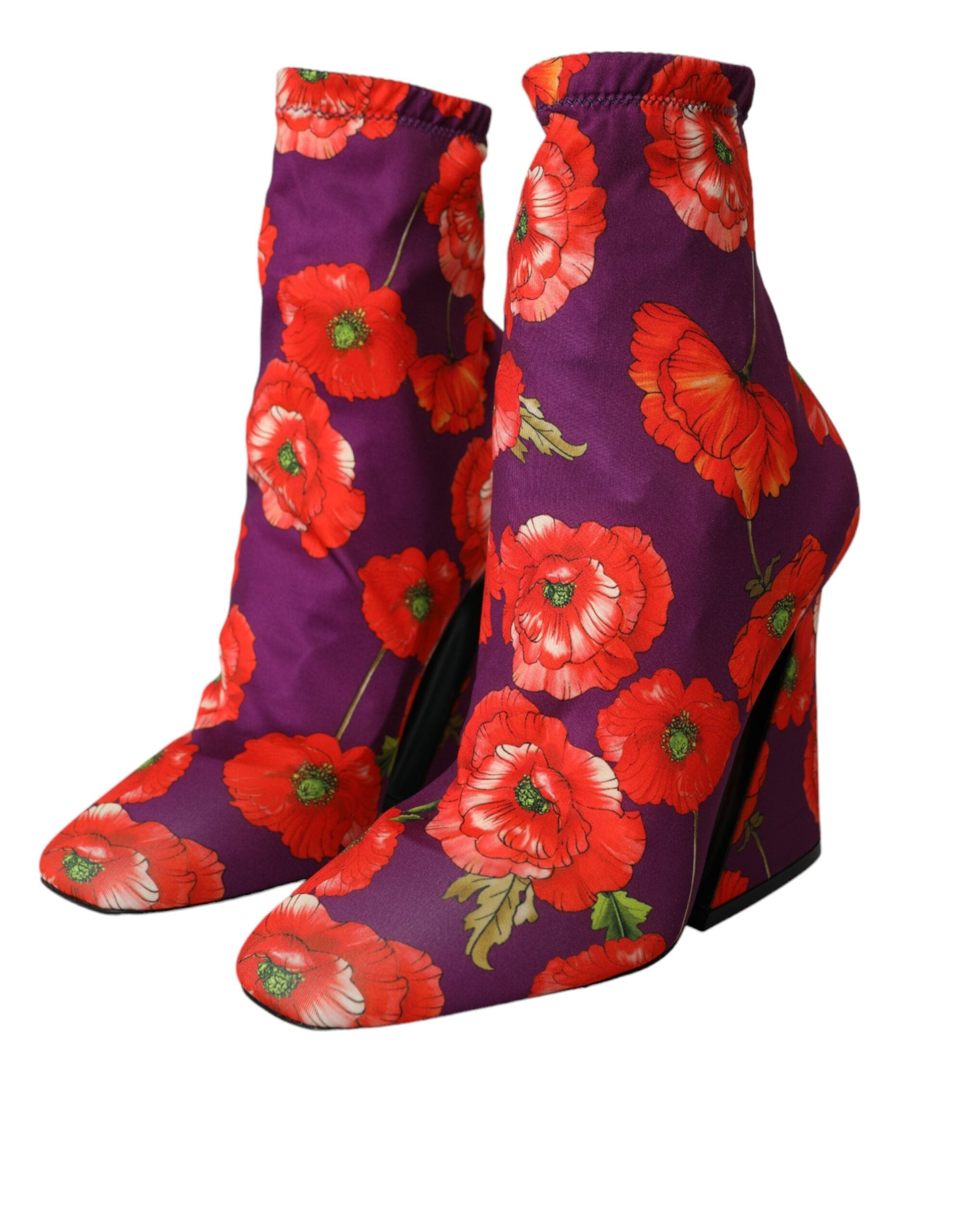 Dolce &amp; Gabbana Lila Blumen Jersey Stretch Stiefel Schuhe