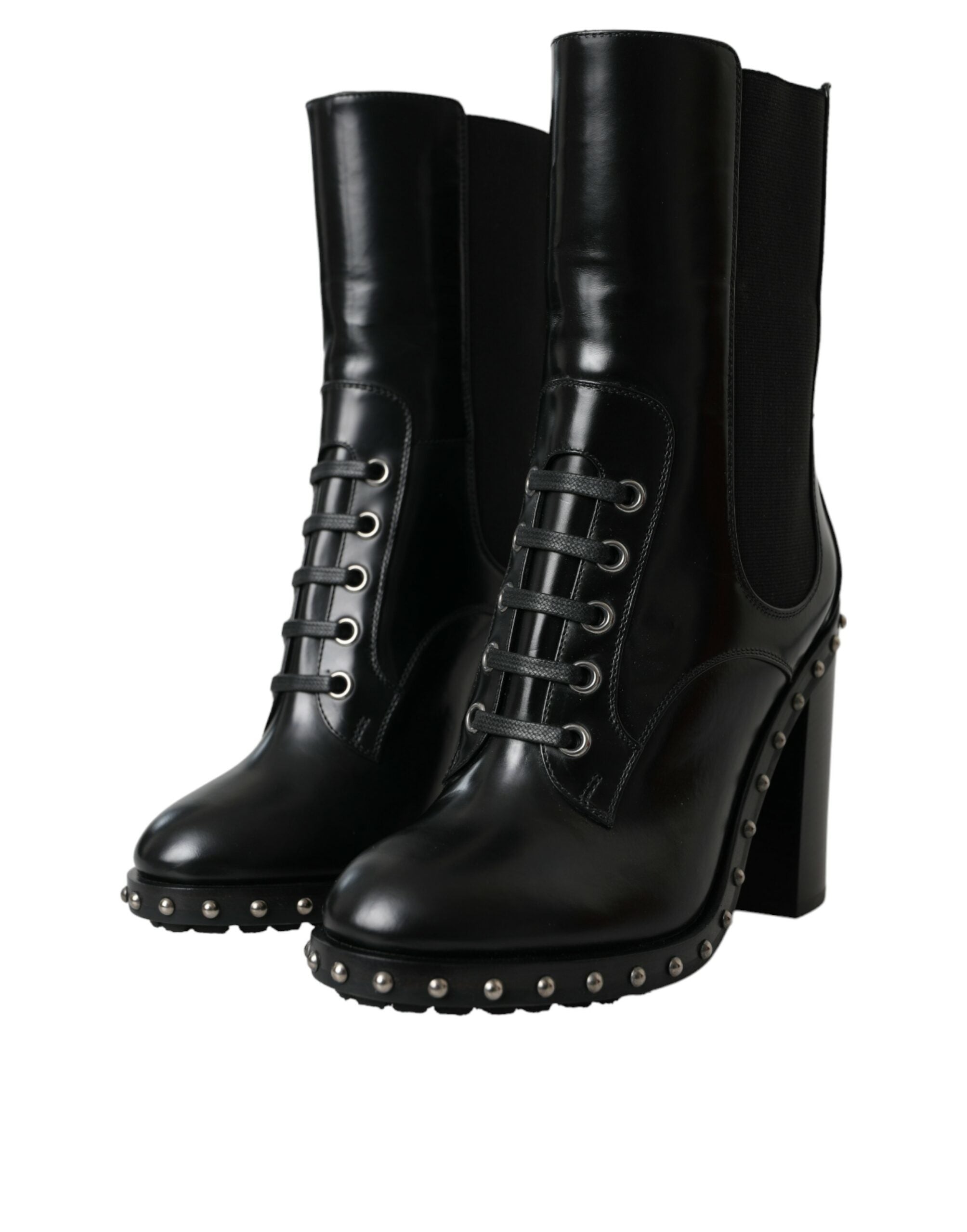 Dolce &amp; Gabbana – Schwarze Schnürstiefel aus Leder mit Nieten