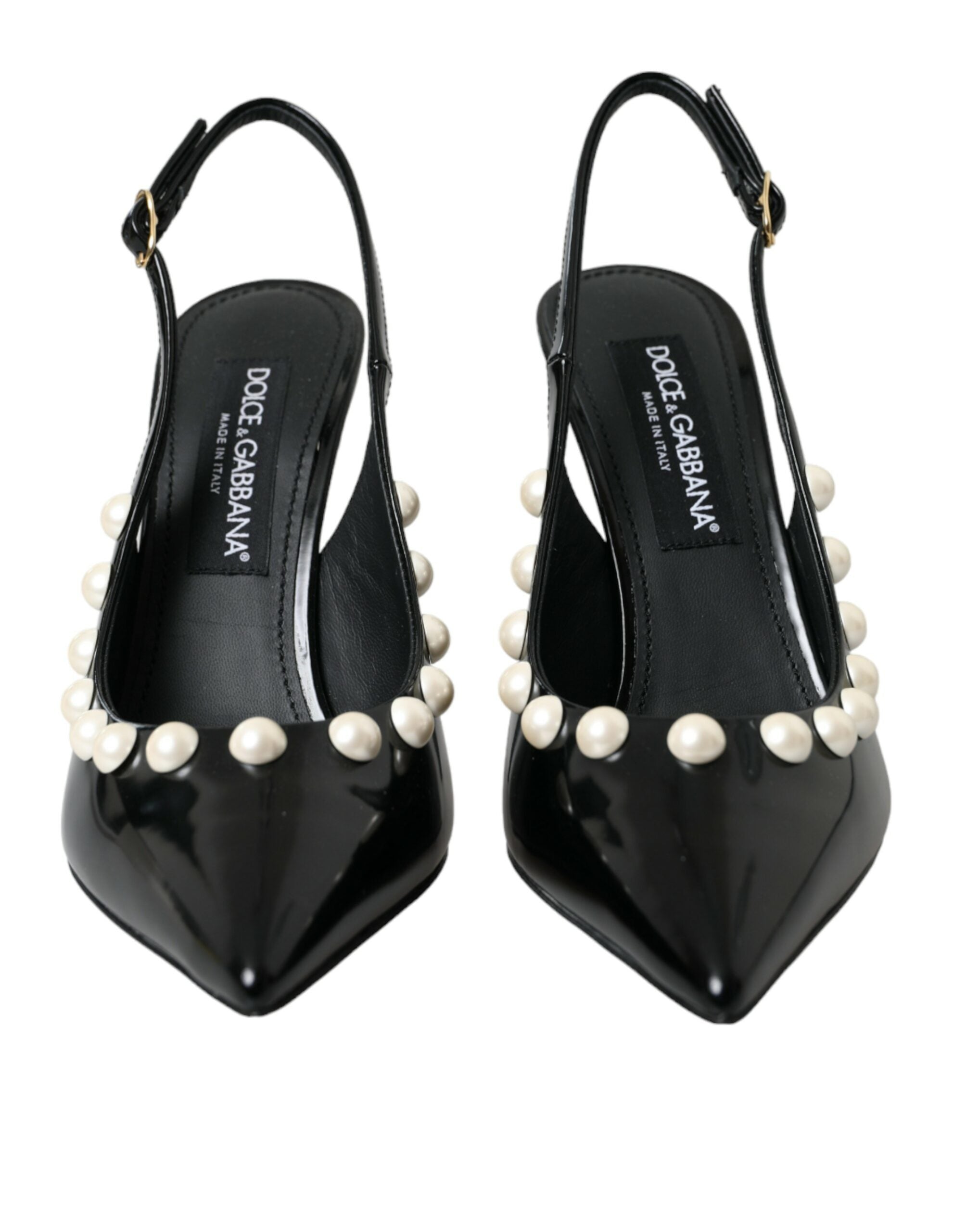Chaussures à bride arrière en cuir noir Dolce &amp; Gabbana à talon en fausse perle