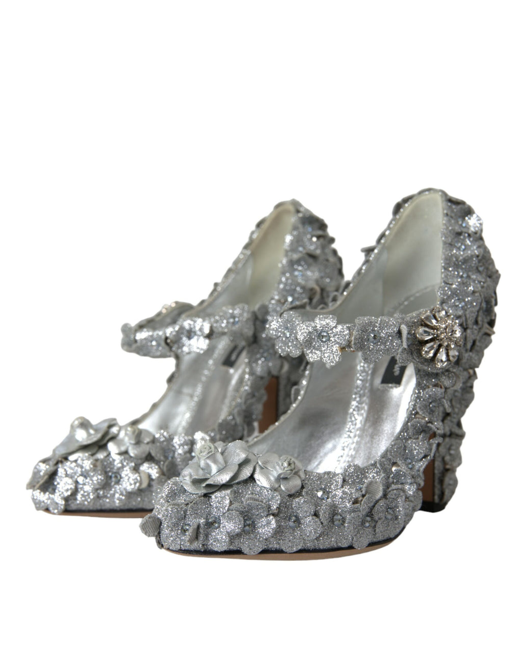 Dolce &amp; Gabbana – Silberne Mary-Jane-Pumps mit Blumenmuster und Kristallen
