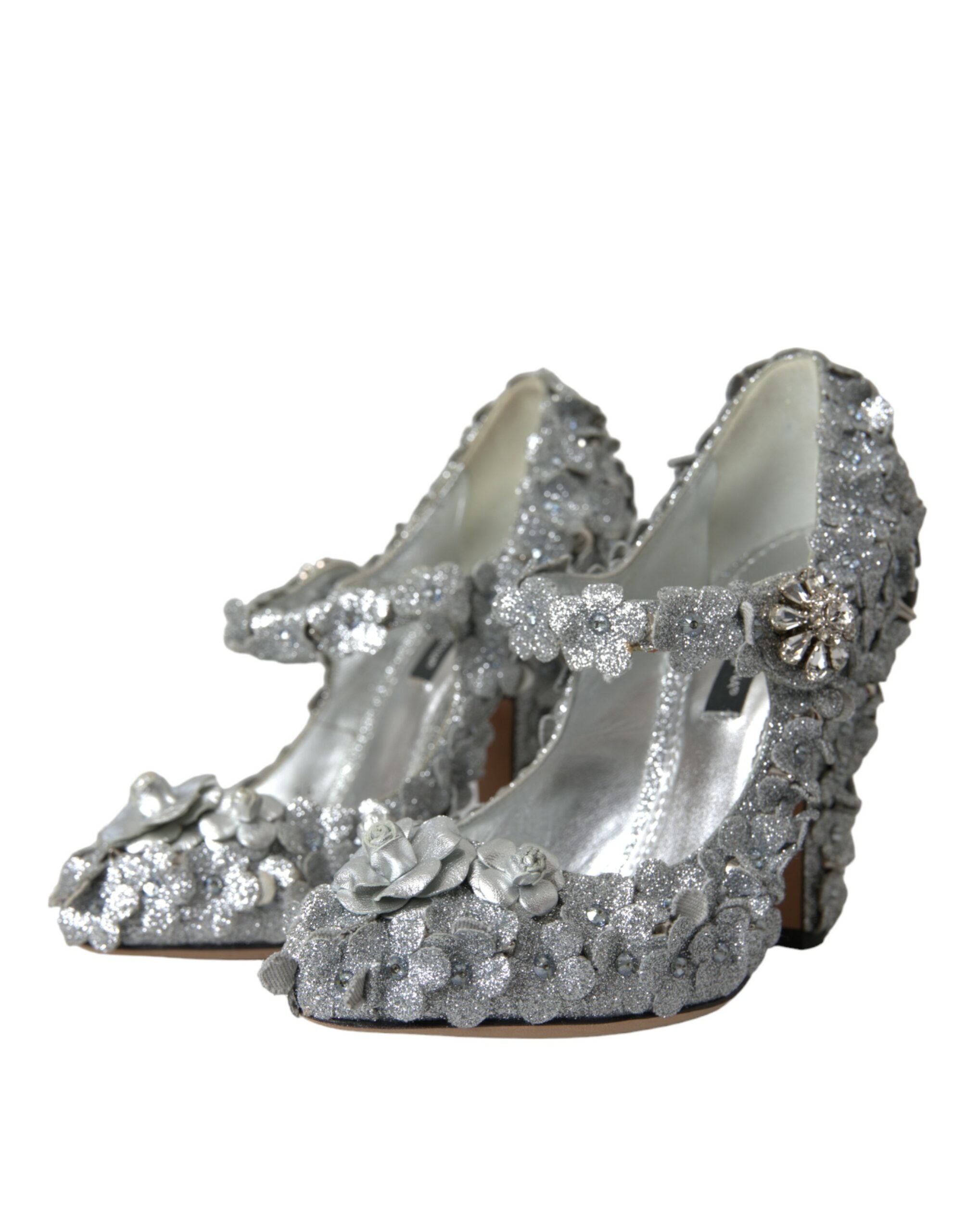 Dolce &amp; Gabbana – Silberne Mary-Jane-Pumps mit Blumenmuster und Kristallen