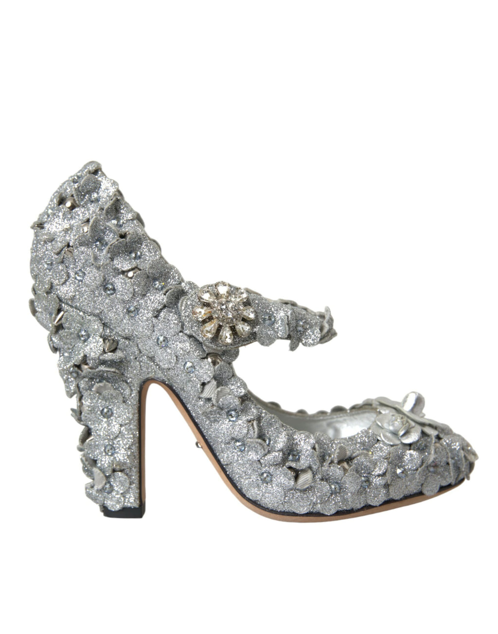 Dolce &amp; Gabbana – Silberne Mary-Jane-Pumps mit Blumenmuster und Kristallen