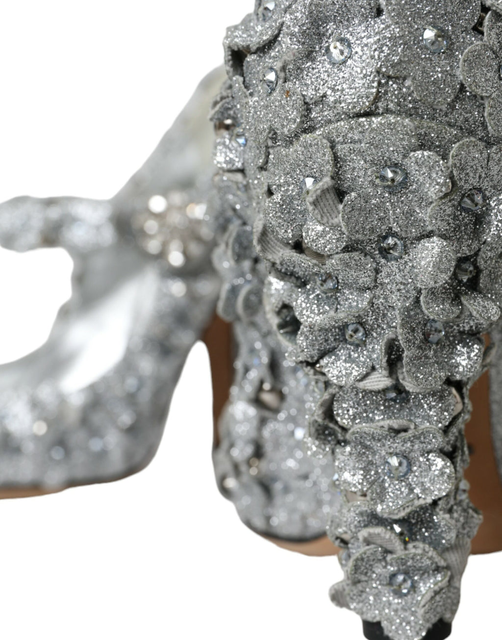 Dolce &amp; Gabbana – Silberne Mary-Jane-Pumps mit Blumenmuster und Kristallen
