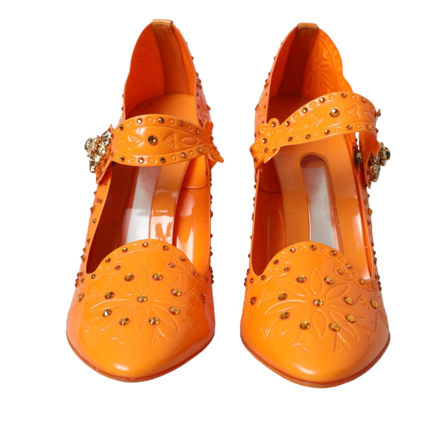 Dolce &amp; Gabbana – Orangefarbene Pumps mit Blumen- und Kristallverzierung „CINDERELLA“