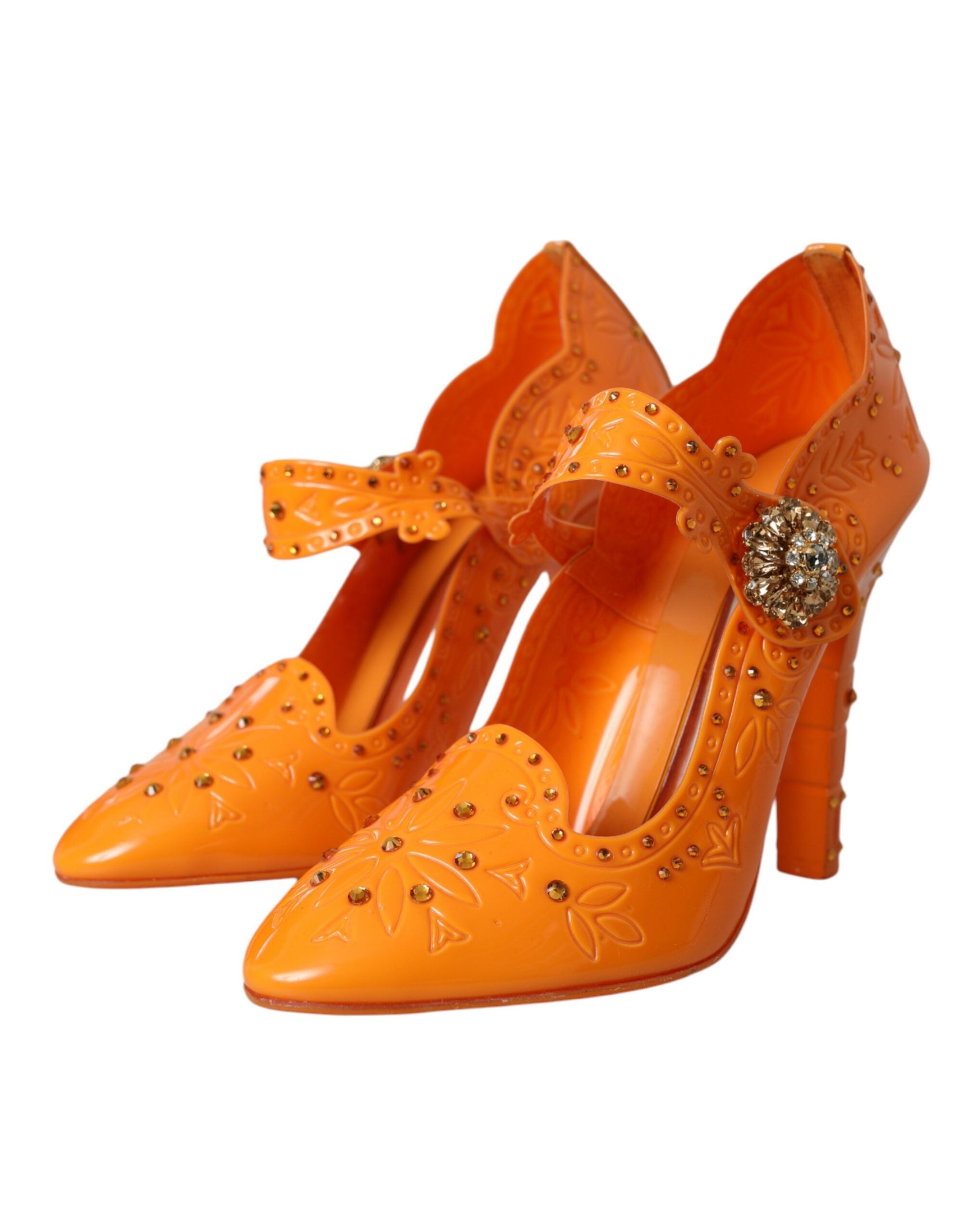 Dolce &amp; Gabbana – Orangefarbene Pumps mit Blumen- und Kristallverzierung „CINDERELLA“