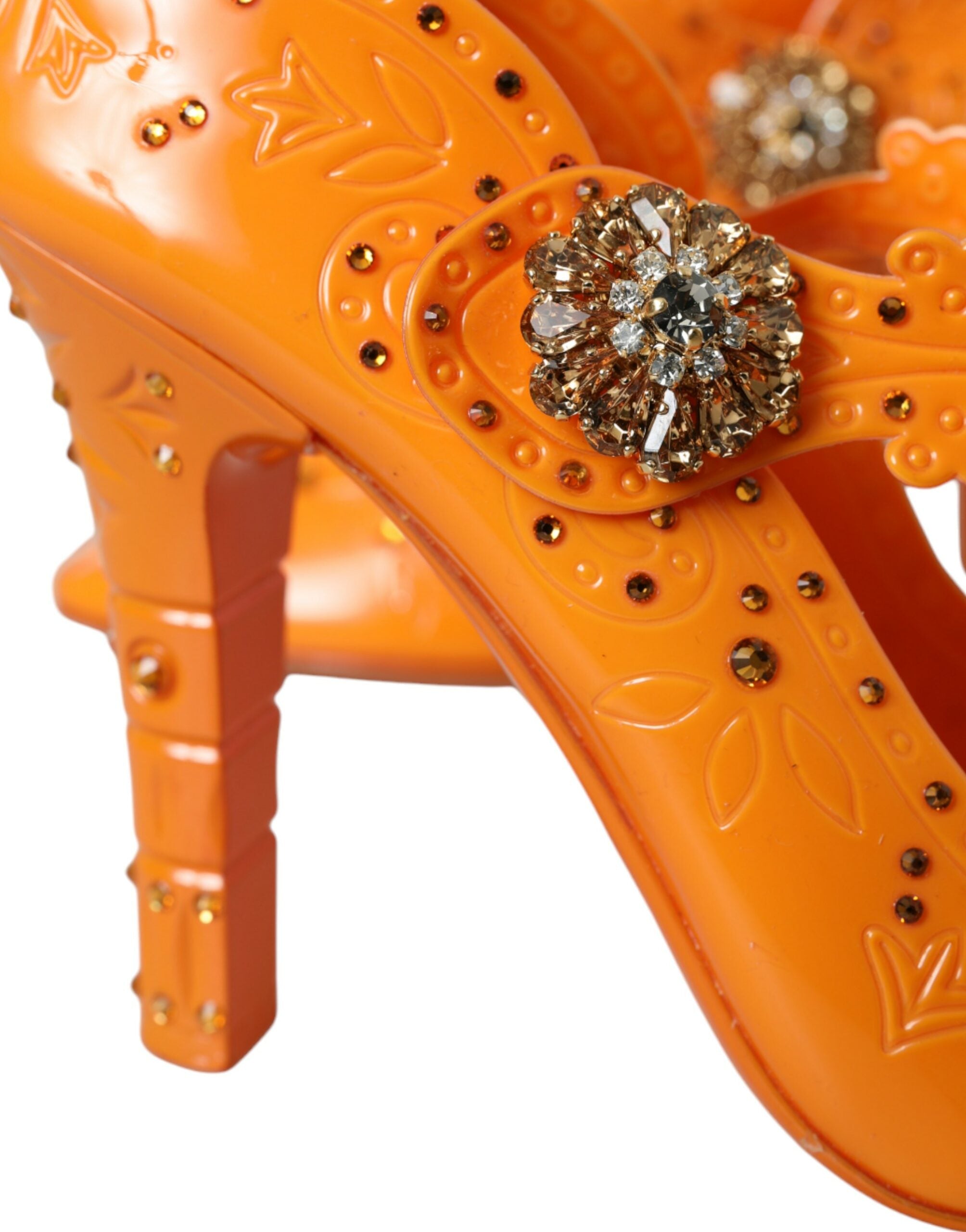 Dolce &amp; Gabbana – Orangefarbene Pumps mit Blumen- und Kristallverzierung „CINDERELLA“