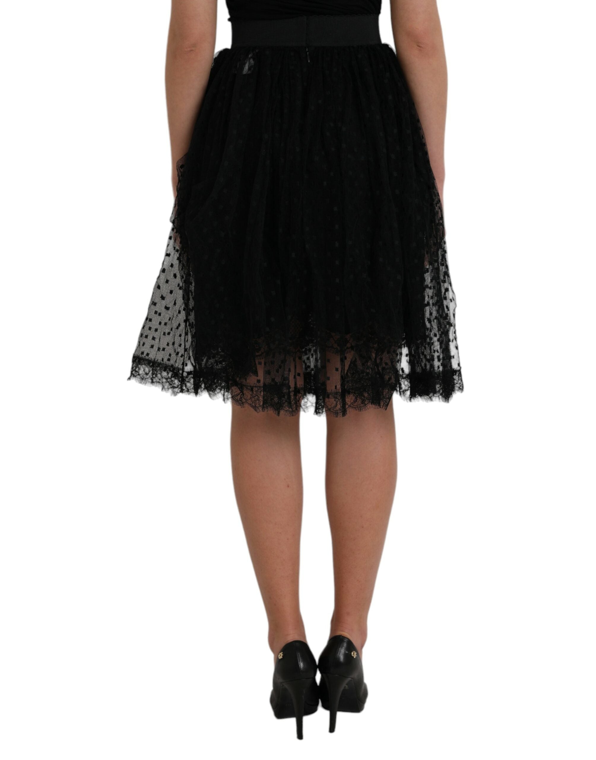 Jupe trapèze taille haute en nylon noir avec bordure en dentelle Dolce &amp; Gabbana