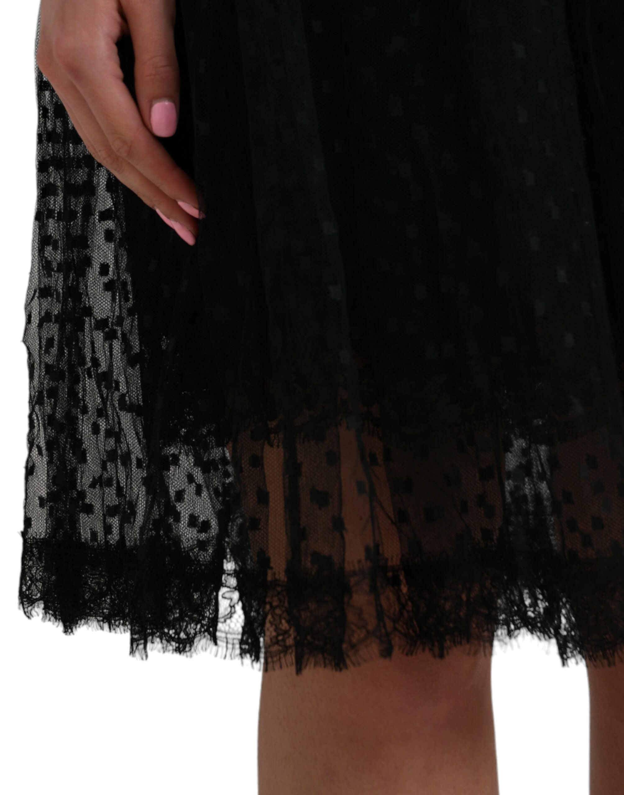Jupe trapèze taille haute en nylon noir avec bordure en dentelle Dolce &amp; Gabbana