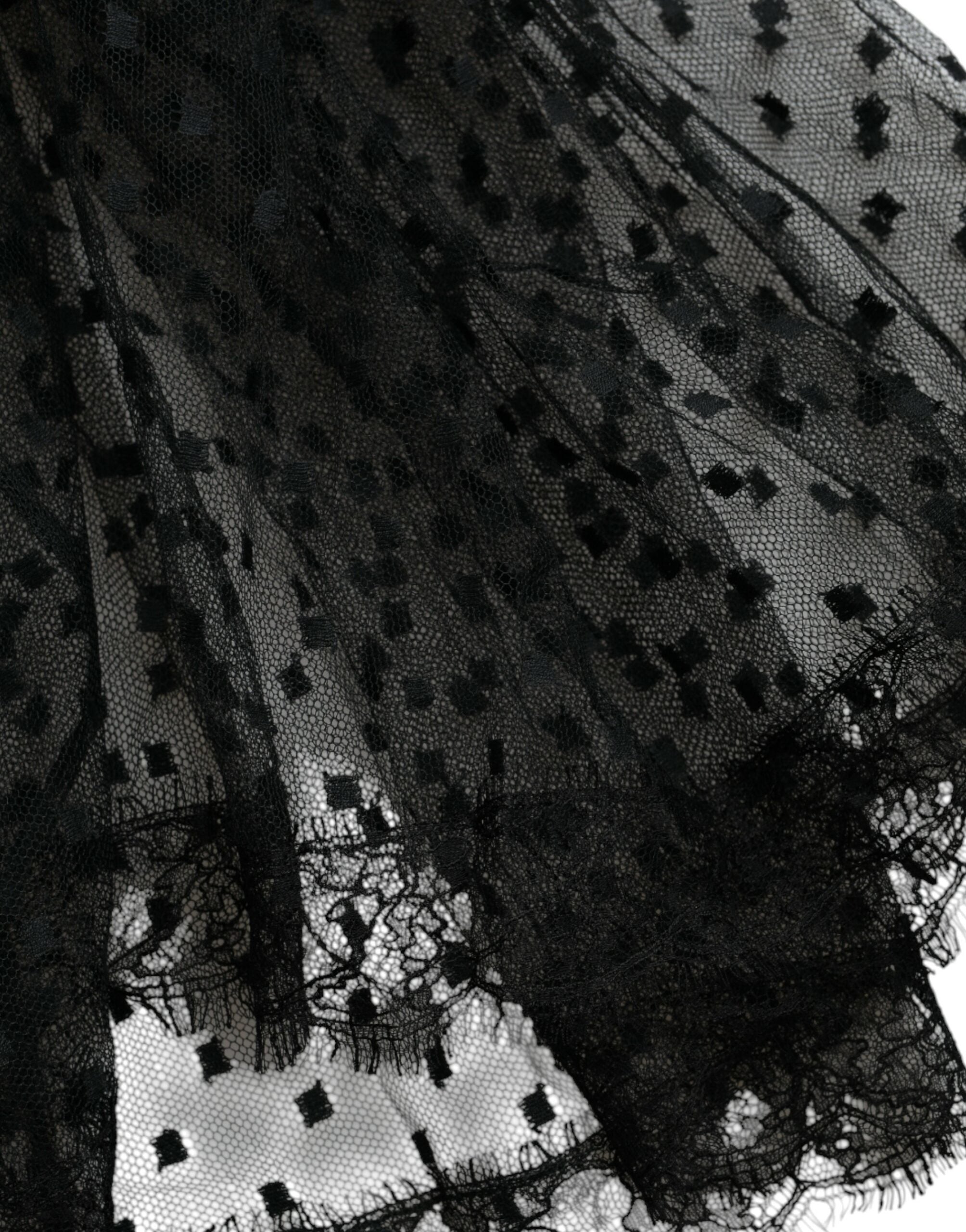 Jupe trapèze taille haute en nylon noir avec bordure en dentelle Dolce &amp; Gabbana