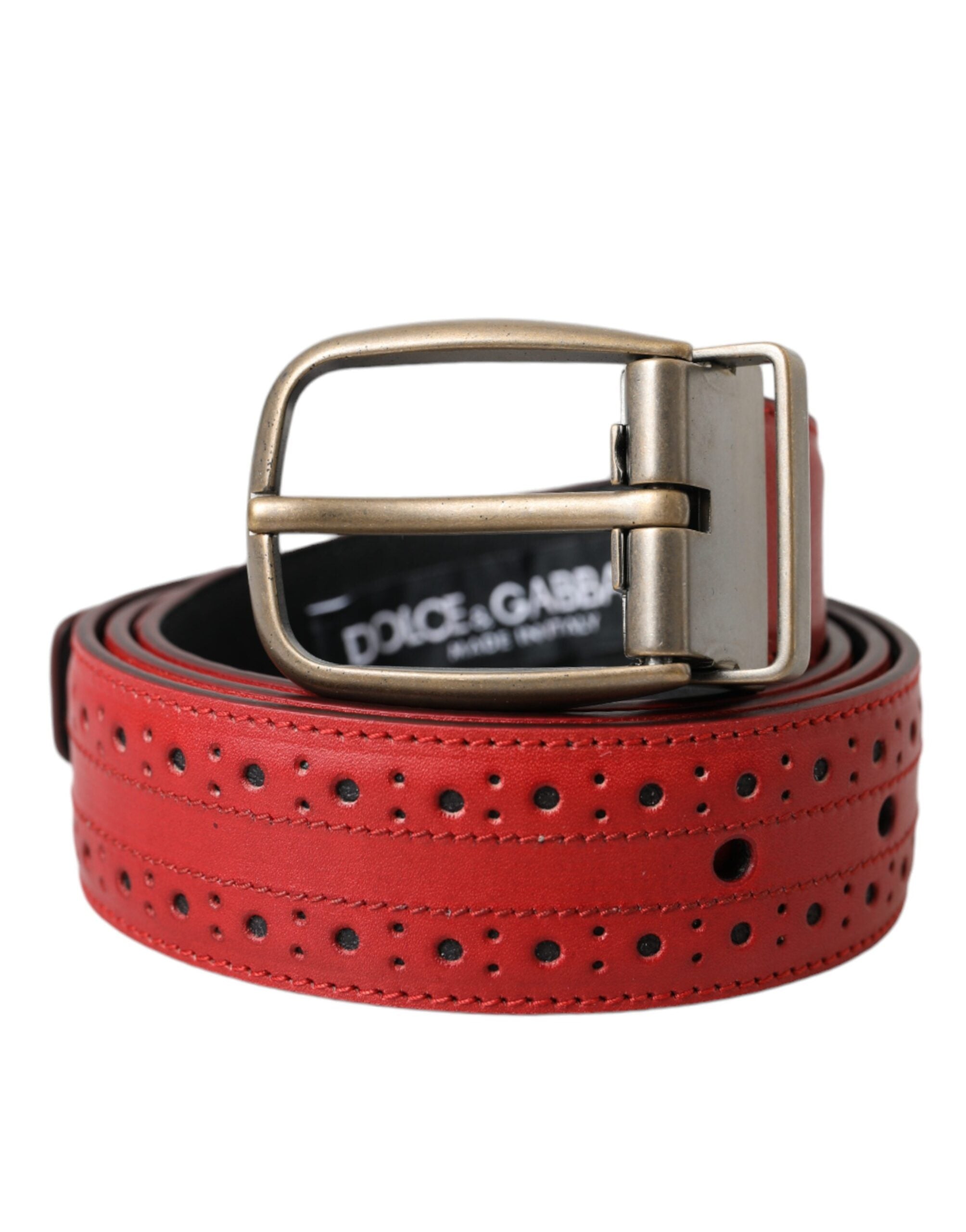 Ceinture Dolce &amp; Gabbana en cuir perforé rouge avec boucle en métal pour homme