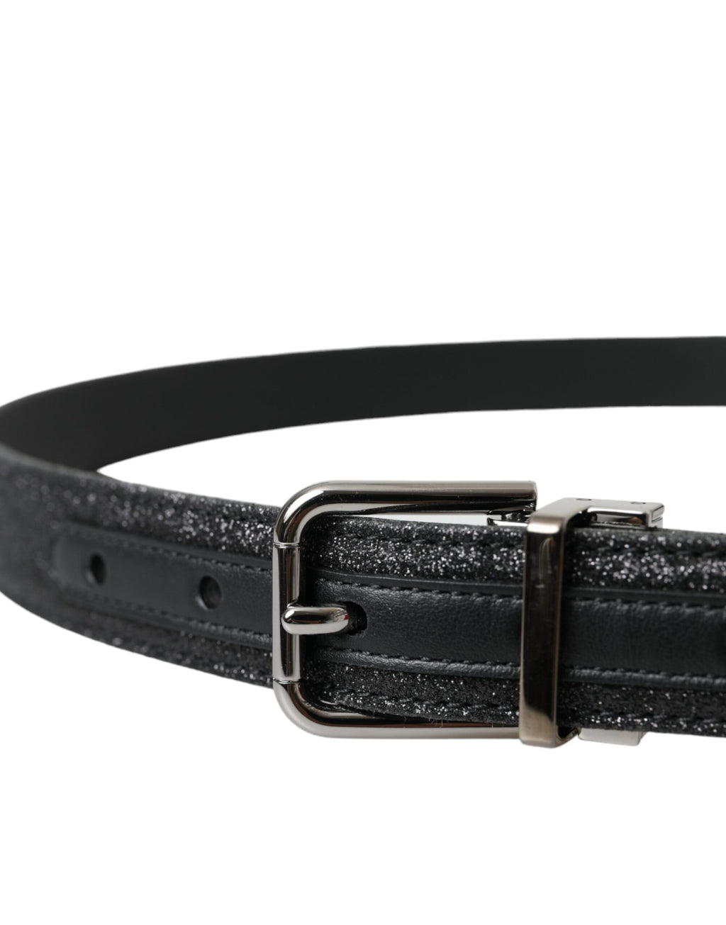 Dolce &amp; Gabbana – Schwarzer Glitzer-Ledergürtel mit silberner Schnalle